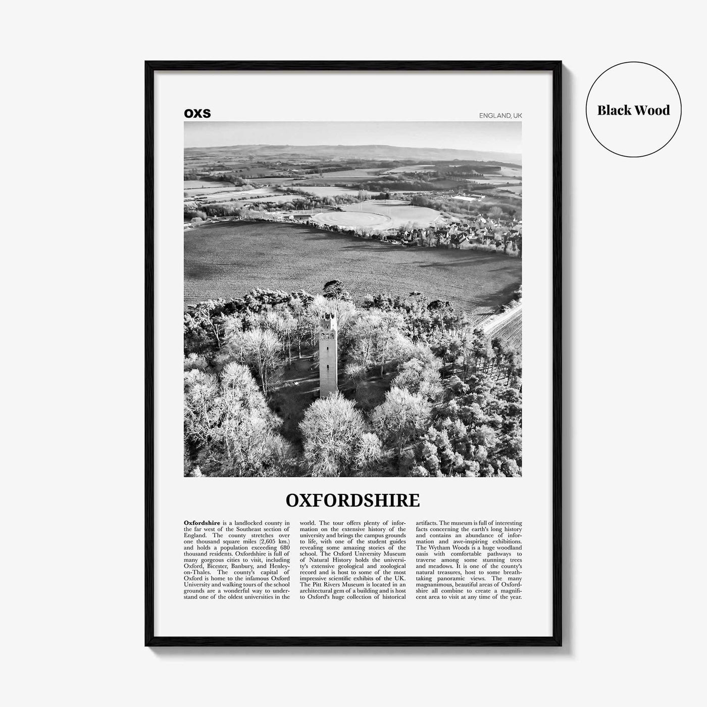 Oxfordshire Print Black and White, Oxfordshire Wall Art, Oxfordshire Poster, Oxfordshire Photo, Oxfordshire Map, England, UK, United Kingdom
