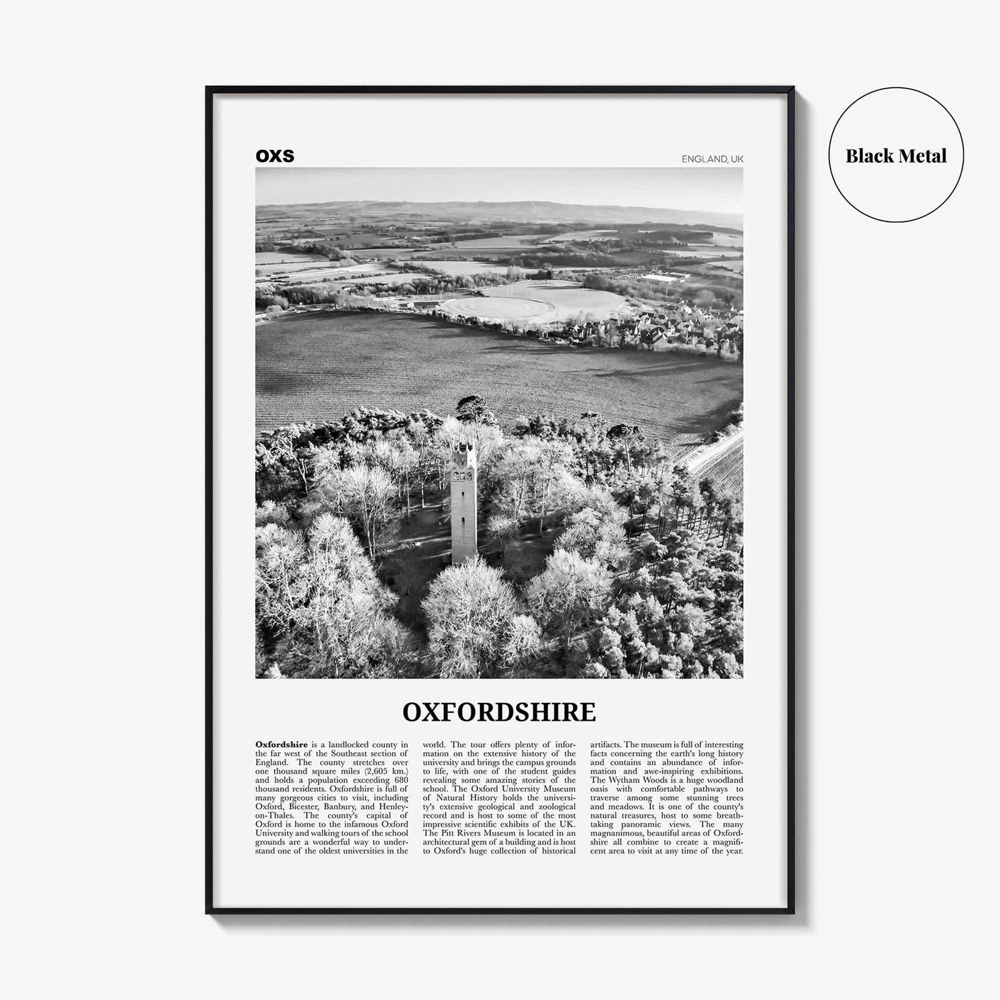 Oxfordshire Print Black and White, Oxfordshire Wall Art, Oxfordshire Poster, Oxfordshire Photo, Oxfordshire Map, England, UK, United Kingdom
