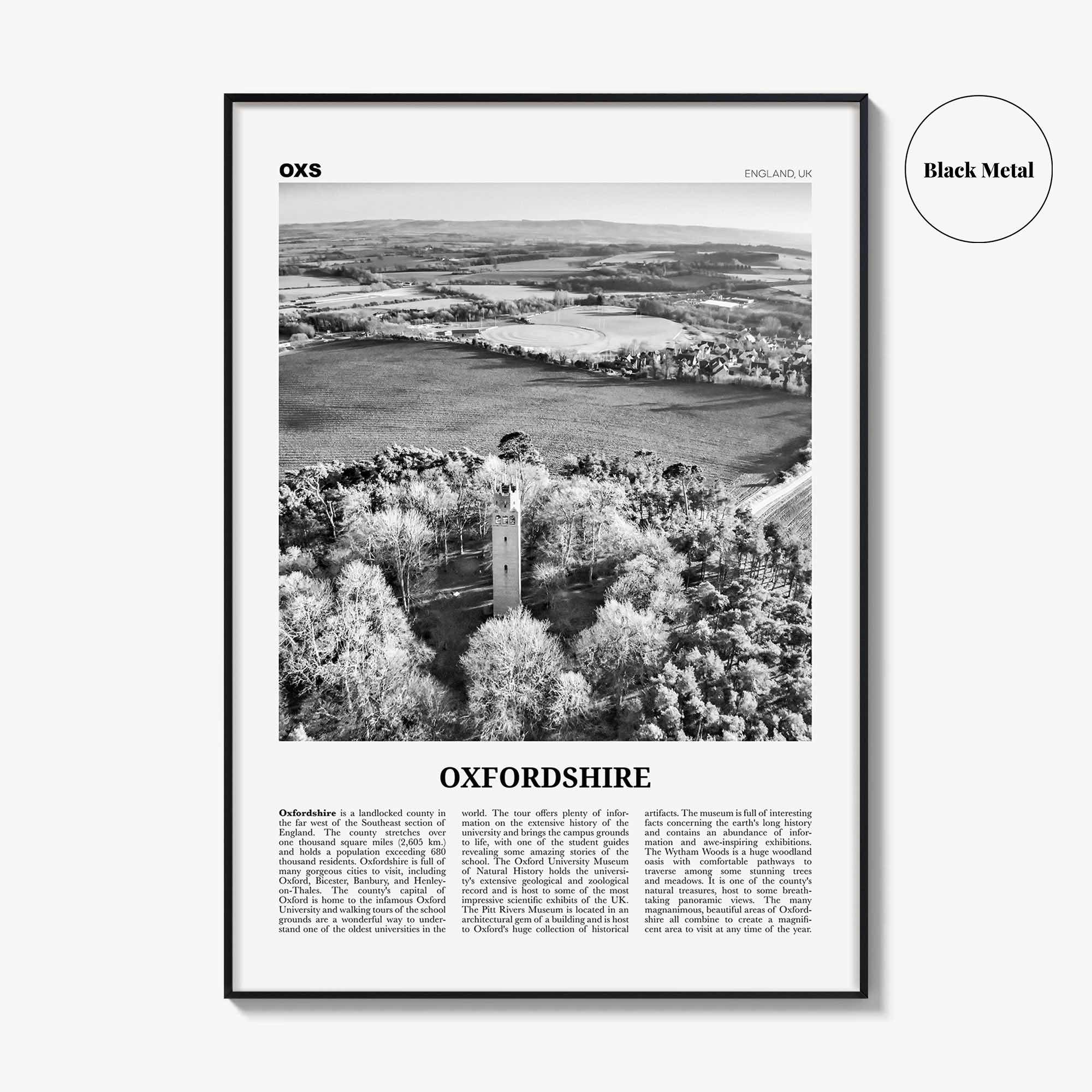 Oxfordshire Print Black and White, Oxfordshire Wall Art, Oxfordshire Poster, Oxfordshire Photo, Oxfordshire Map, England, UK, United Kingdom