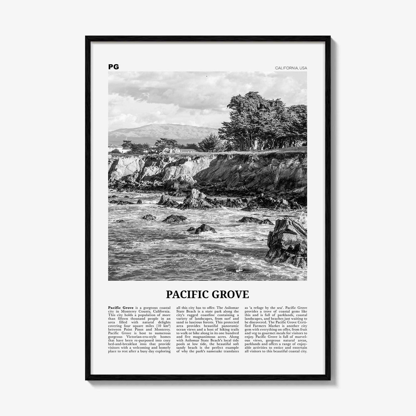 Pacific Grove Print Black and White, Pacific Grove Wall Art, Pacific Grove Poster, Pacific Grove Photo, Pacific Grove Map, California, USA
