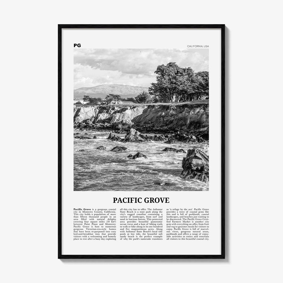 Pacific Grove Print Black and White, Pacific Grove Wall Art, Pacific Grove Poster, Pacific Grove Photo, Pacific Grove Map, California, USA
