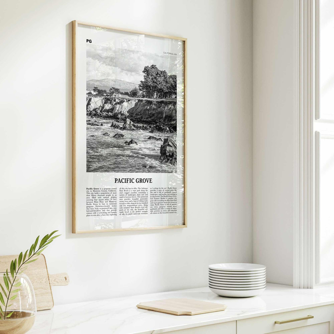 Pacific Grove Print Black and White, Pacific Grove Wall Art, Pacific Grove Poster, Pacific Grove Photo, Pacific Grove Map, California, USA