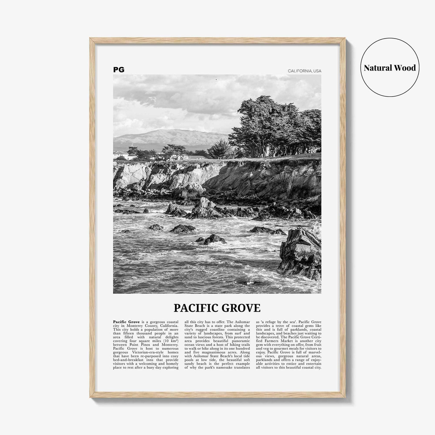 Pacific Grove Print Black and White, Pacific Grove Wall Art, Pacific Grove Poster, Pacific Grove Photo, Pacific Grove Map, California, USA