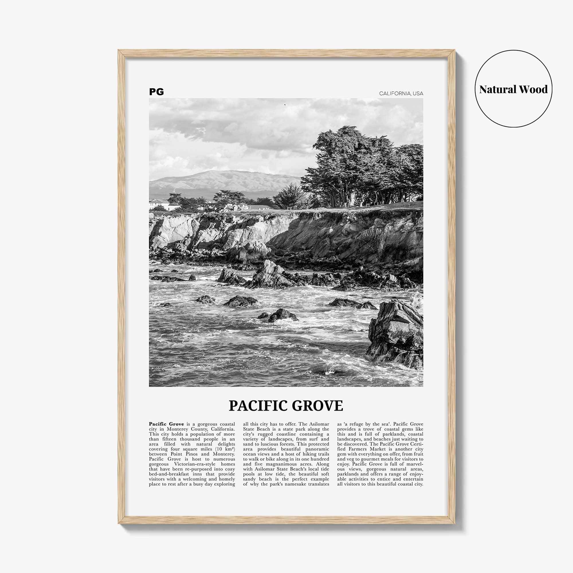 Pacific Grove Print Black and White, Pacific Grove Wall Art, Pacific Grove Poster, Pacific Grove Photo, Pacific Grove Map, California, USA