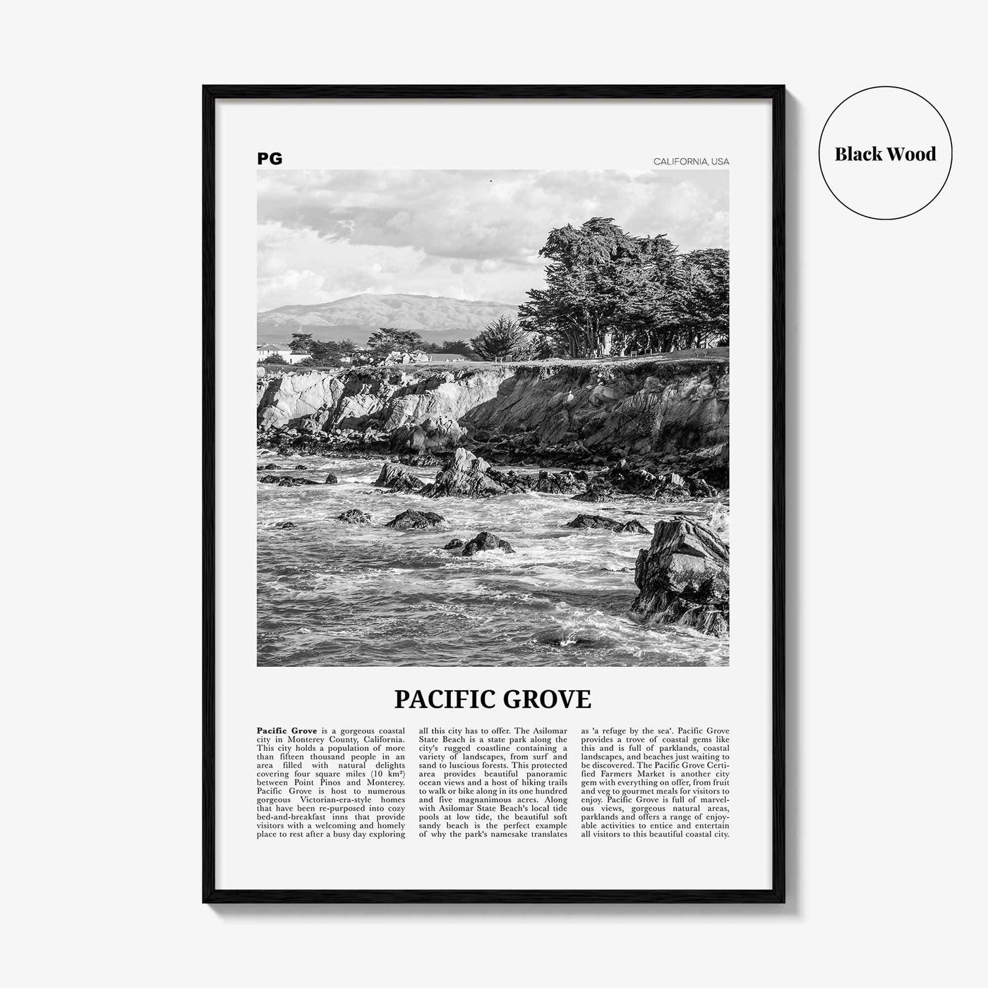 Pacific Grove Print Black and White, Pacific Grove Wall Art, Pacific Grove Poster, Pacific Grove Photo, Pacific Grove Map, California, USA
