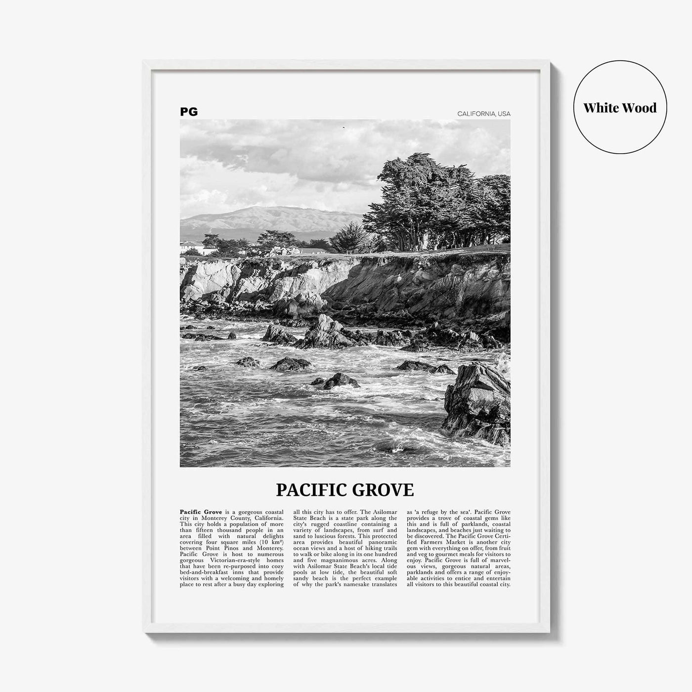 Pacific Grove Print Black and White, Pacific Grove Wall Art, Pacific Grove Poster, Pacific Grove Photo, Pacific Grove Map, California, USA