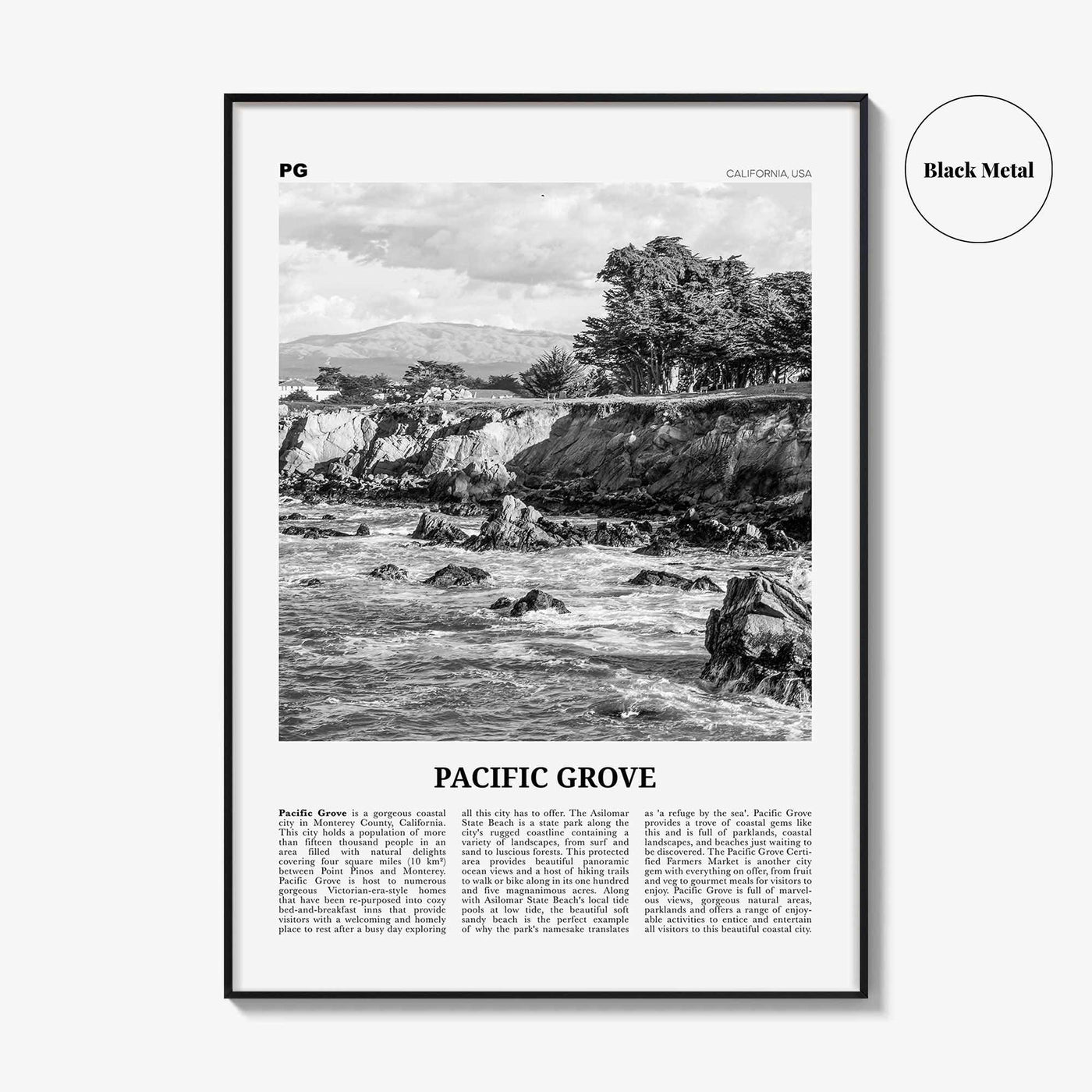 Pacific Grove Print Black and White, Pacific Grove Wall Art, Pacific Grove Poster, Pacific Grove Photo, Pacific Grove Map, California, USA