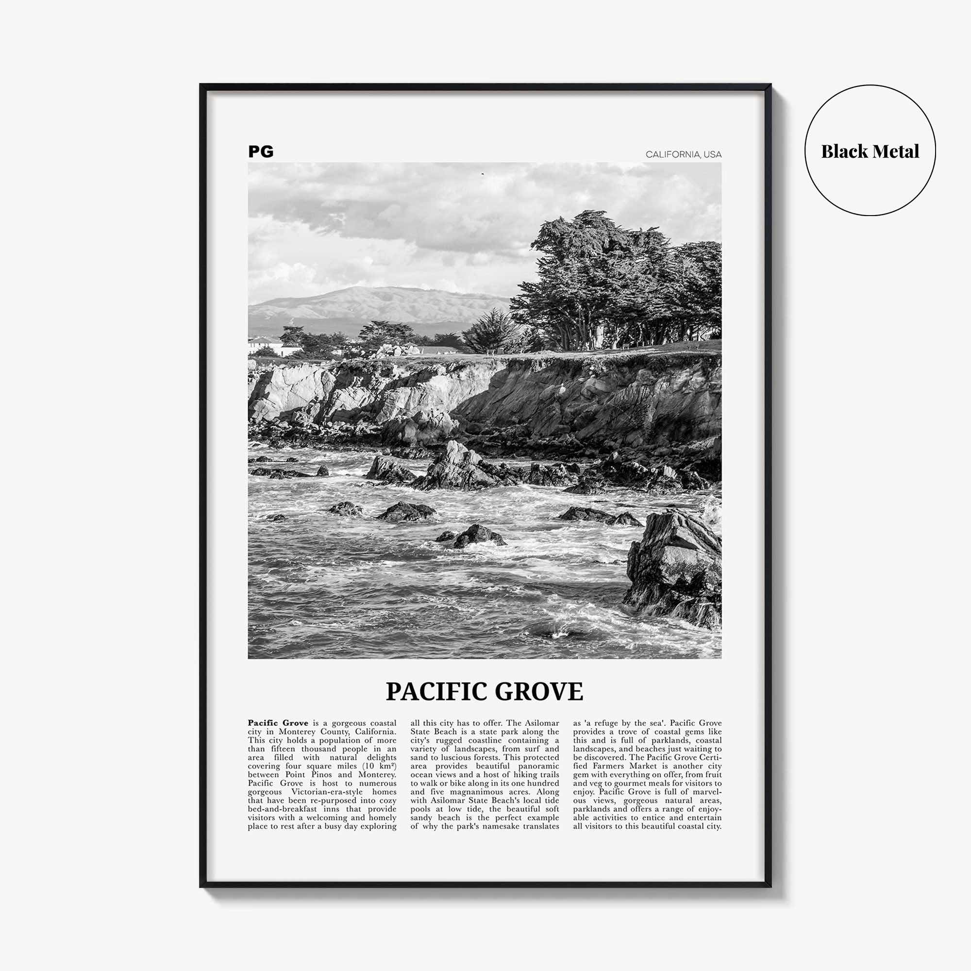 Pacific Grove Print Black and White, Pacific Grove Wall Art, Pacific Grove Poster, Pacific Grove Photo, Pacific Grove Map, California, USA