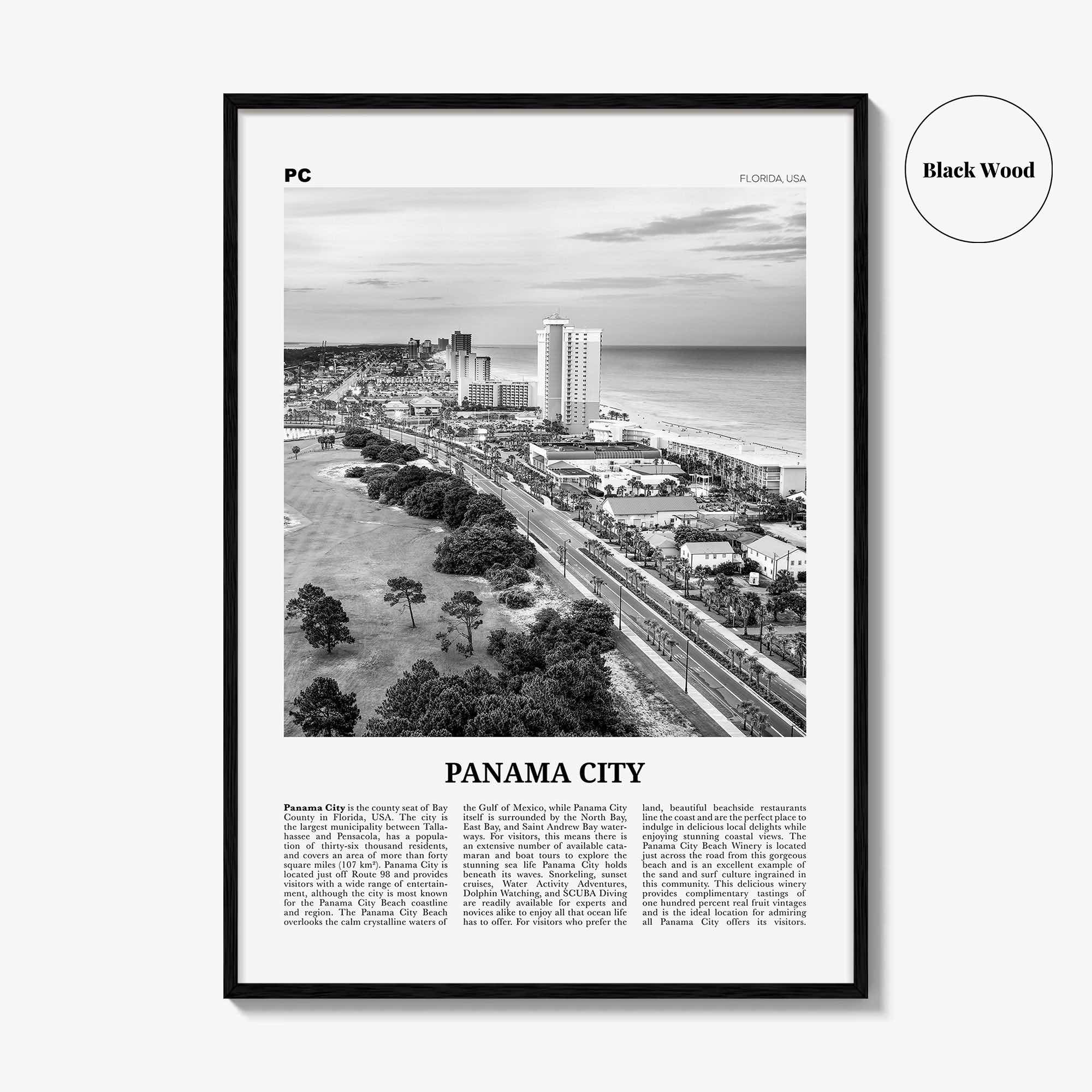 Panama City Print Black and White Florida, Panama City Wall Art, Panama City Poster, Panama City Photo, Panama City Map, USA, United States