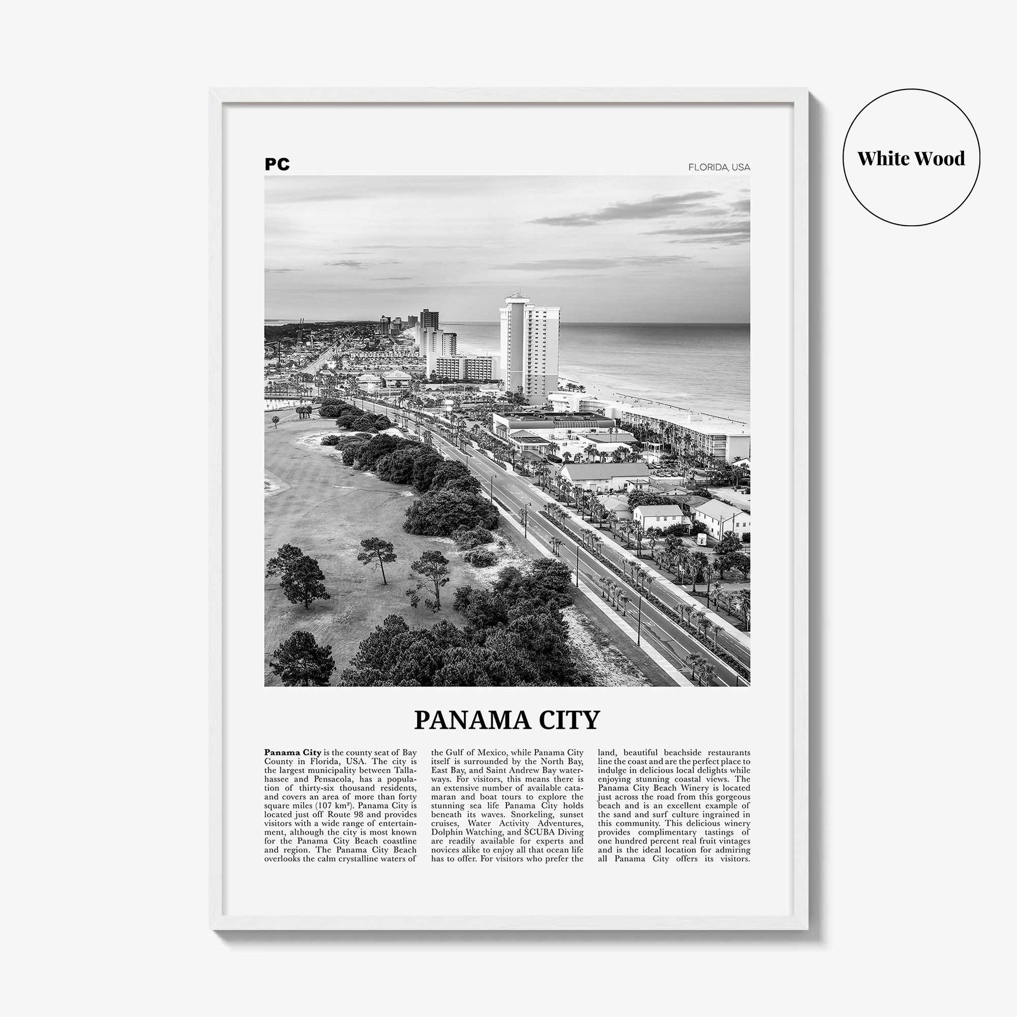 Panama City Print Black and White Florida, Panama City Wall Art, Panama City Poster, Panama City Photo, Panama City Map, USA, United States