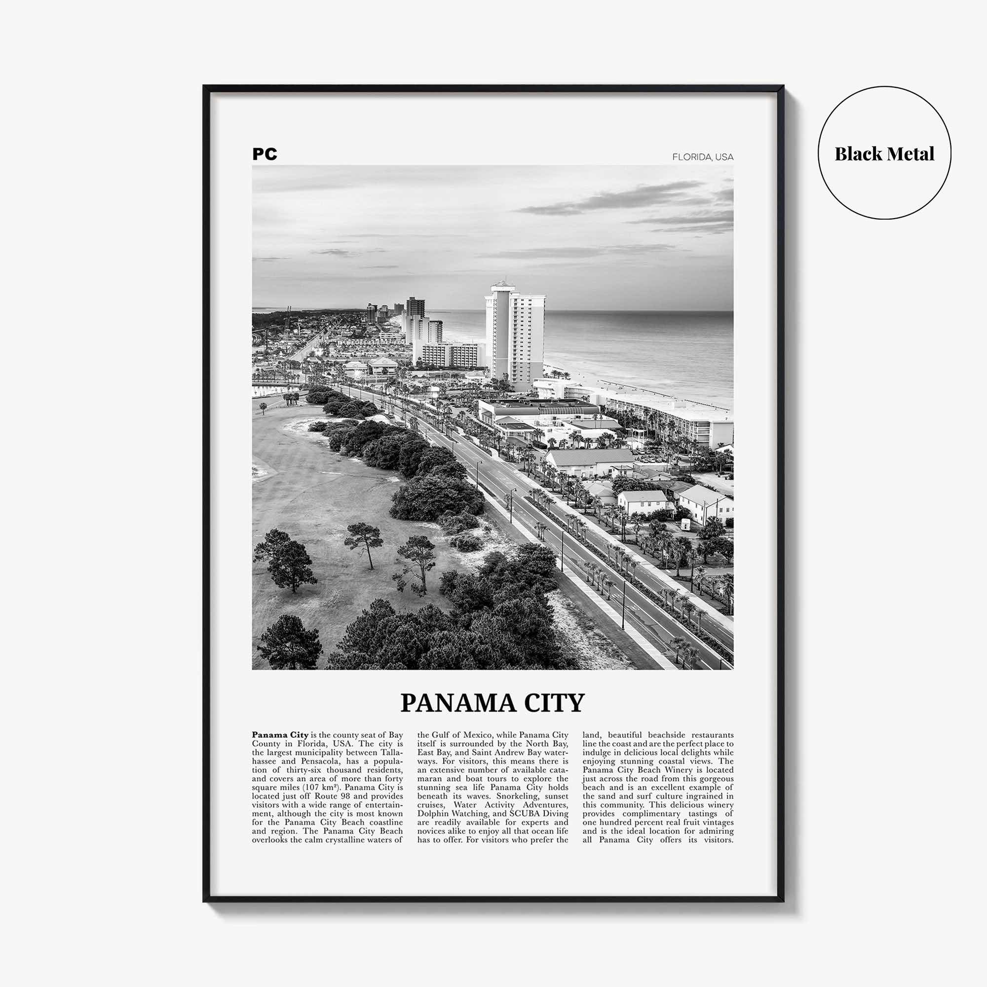 Panama City Print Black and White Florida, Panama City Wall Art, Panama City Poster, Panama City Photo, Panama City Map, USA, United States