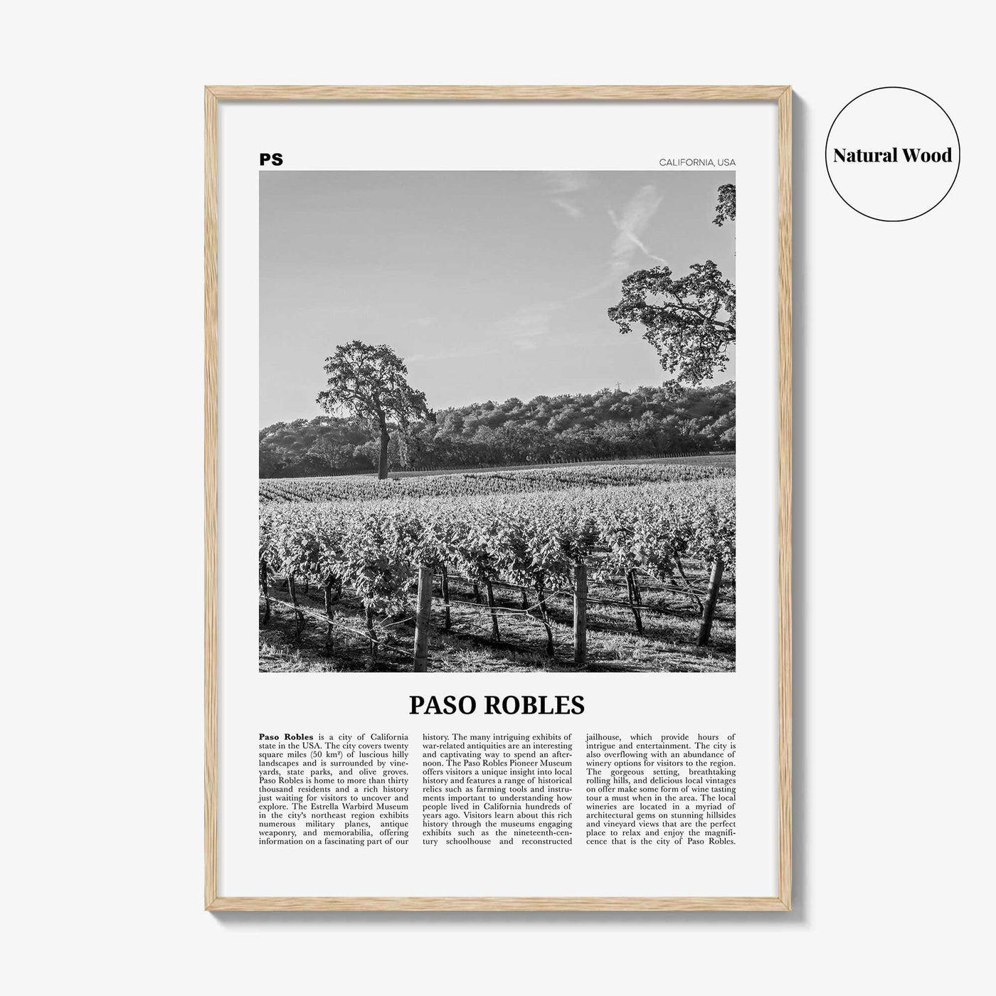 Paso Robles Print Black and White, Paso Robles Wall Art, Paso Robles Poster, Paso Robles Photo, Paso Robles Map, California, USA