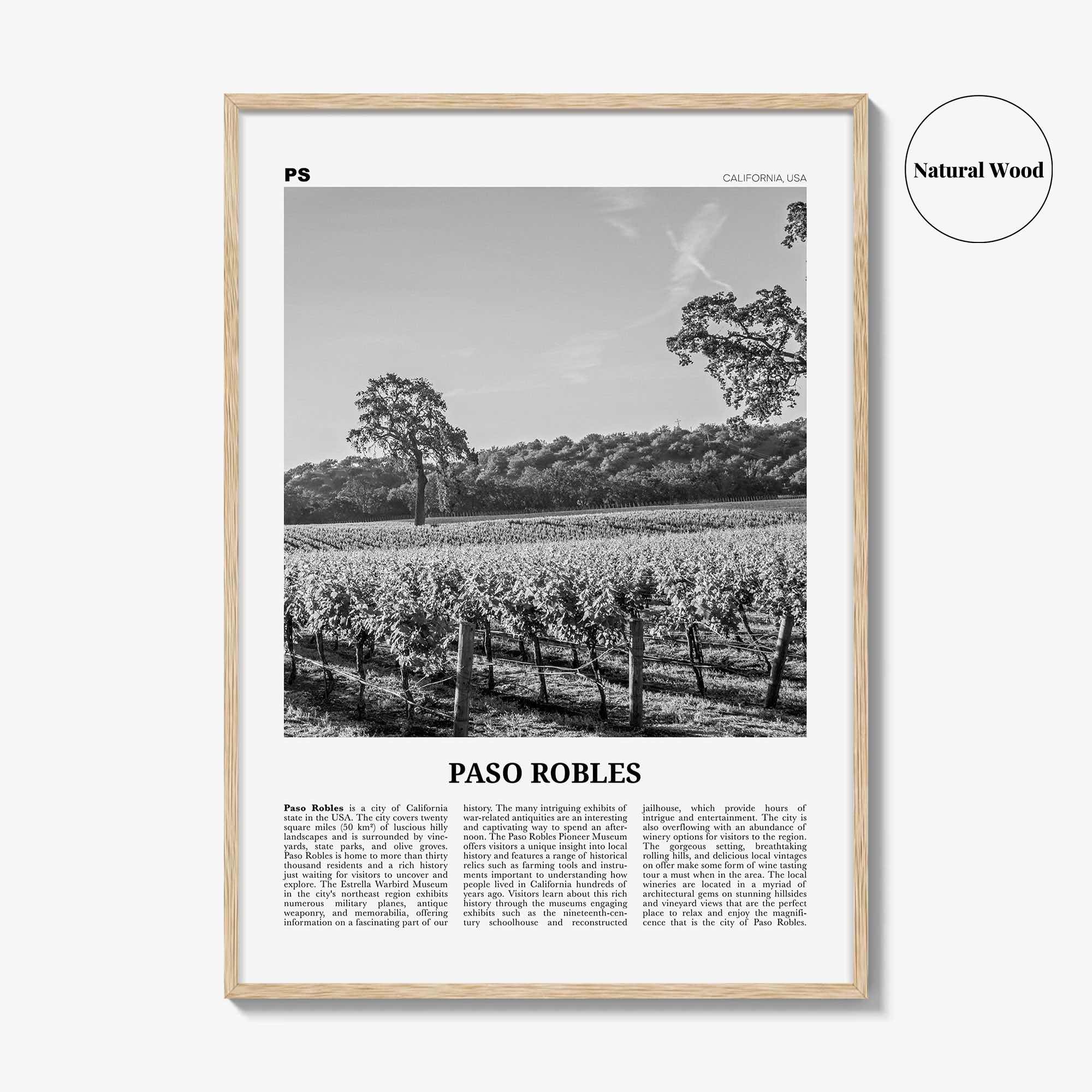 Paso Robles Print Black and White, Paso Robles Wall Art, Paso Robles Poster, Paso Robles Photo, Paso Robles Map, California, USA