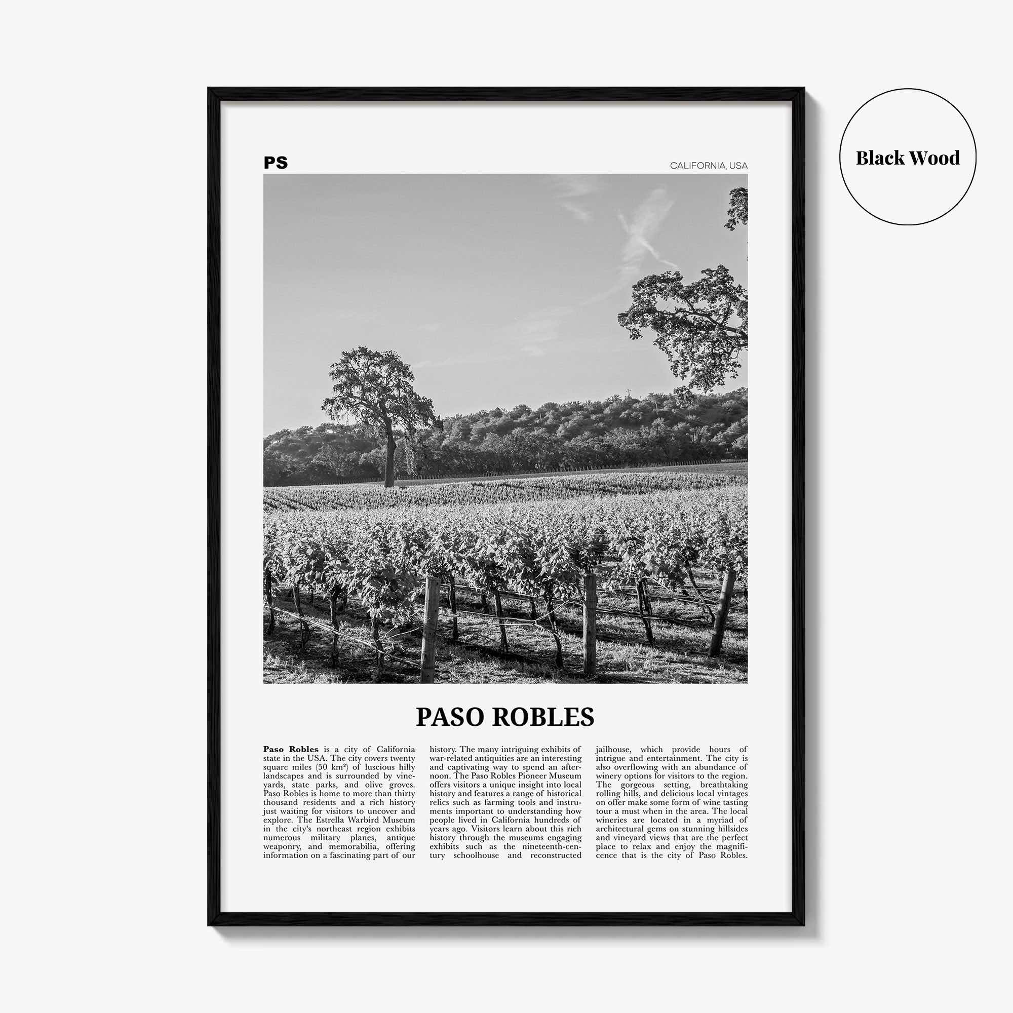 Paso Robles Print Black and White, Paso Robles Wall Art, Paso Robles Poster, Paso Robles Photo, Paso Robles Map, California, USA