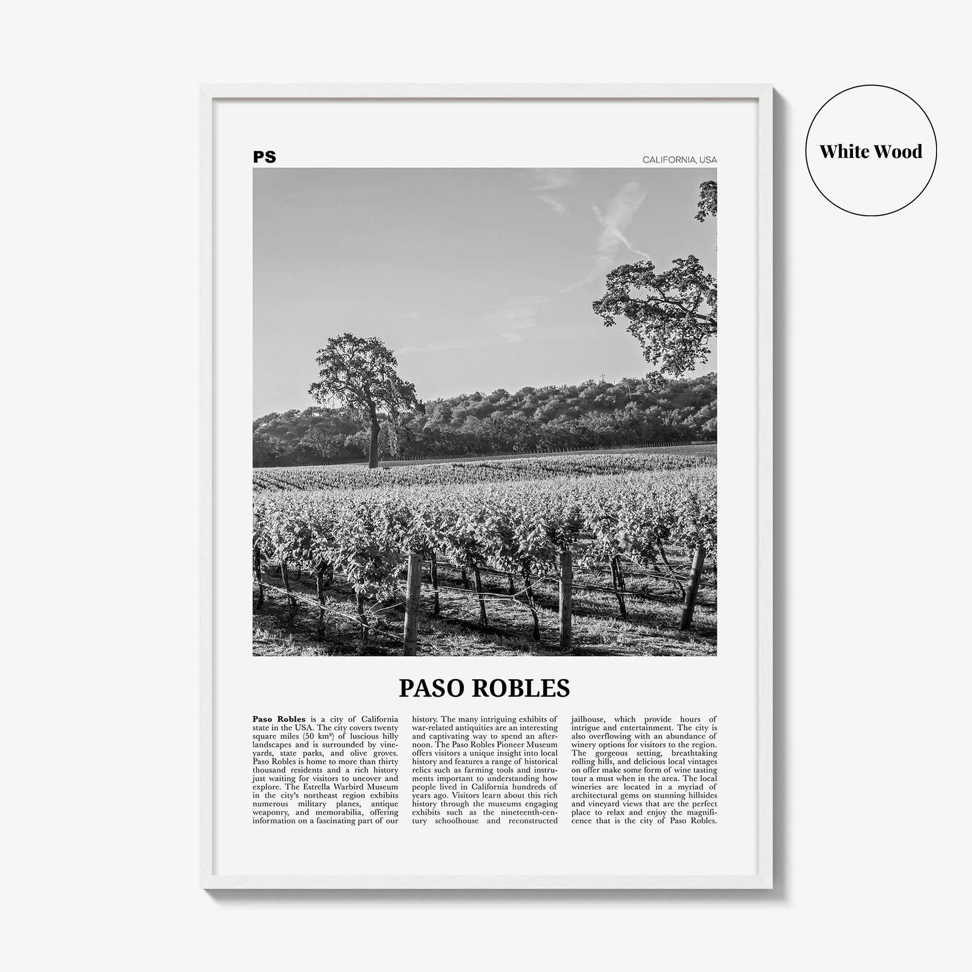 Paso Robles Print Black and White, Paso Robles Wall Art, Paso Robles Poster, Paso Robles Photo, Paso Robles Map, California, USA