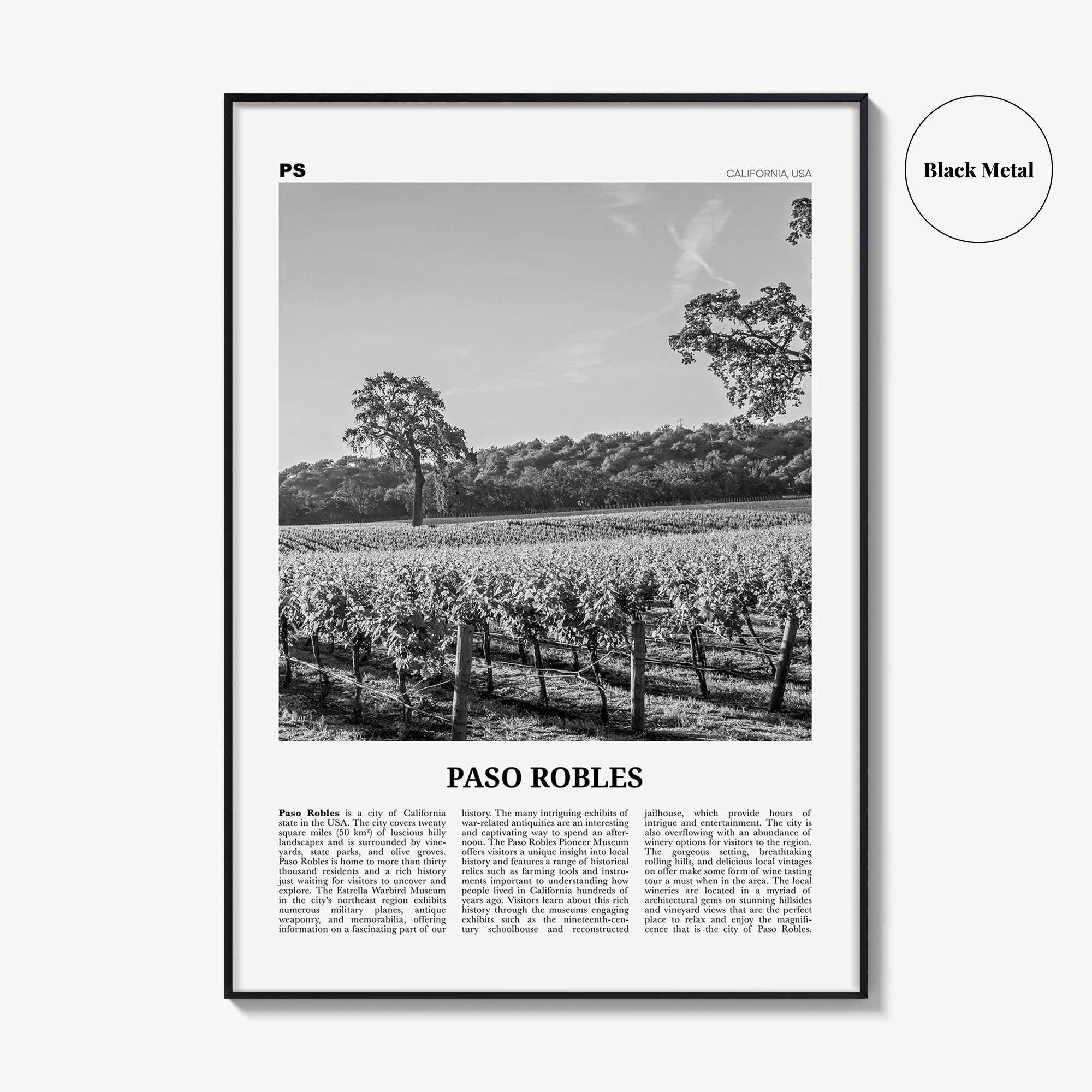 Paso Robles Print Black and White, Paso Robles Wall Art, Paso Robles Poster, Paso Robles Photo, Paso Robles Map, California, USA