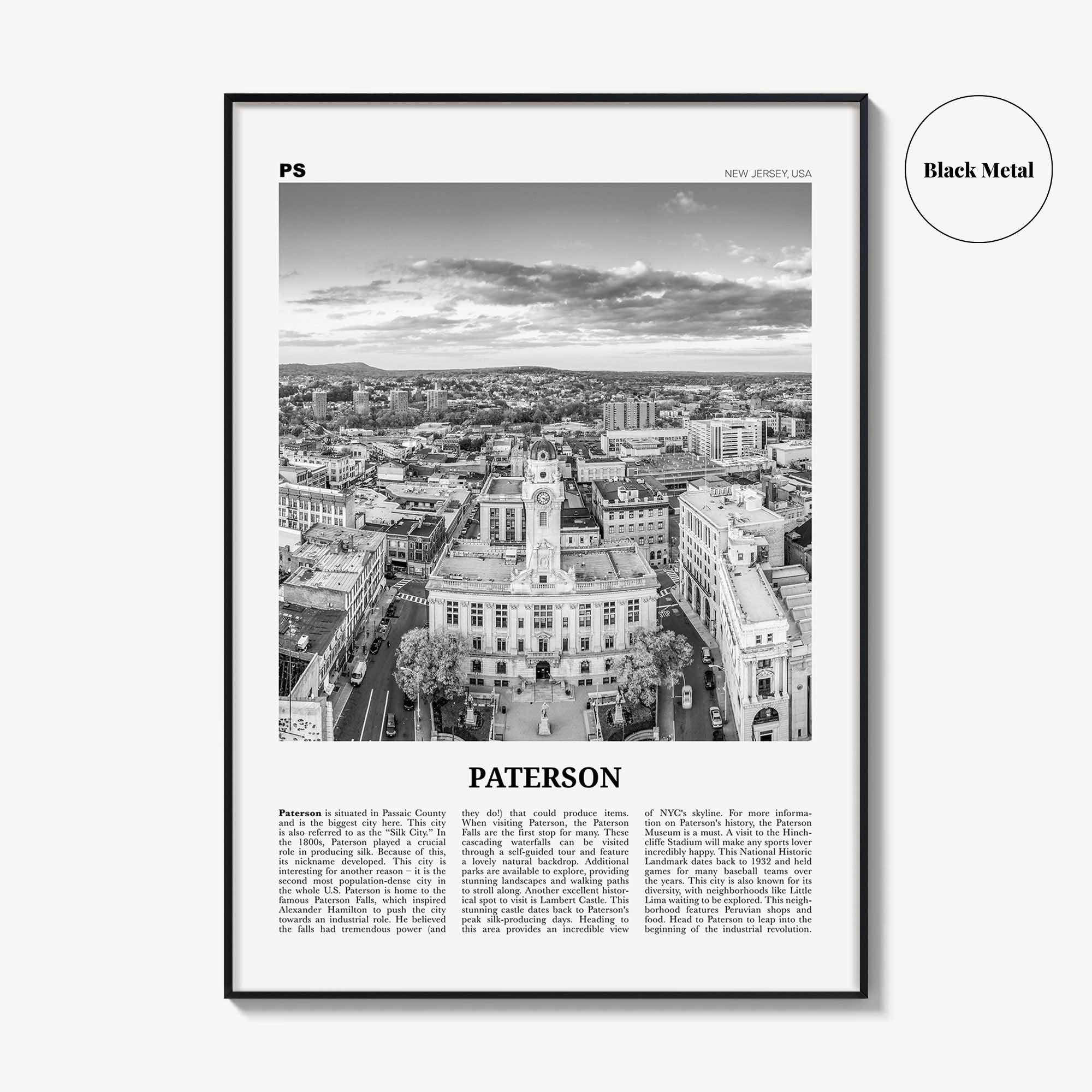 Paterson Print Black and White, Paterson Wall Art, Paterson Poster, Paterson Photo, Paterson Wall Décor, Paterson Map, New Jersey, USA