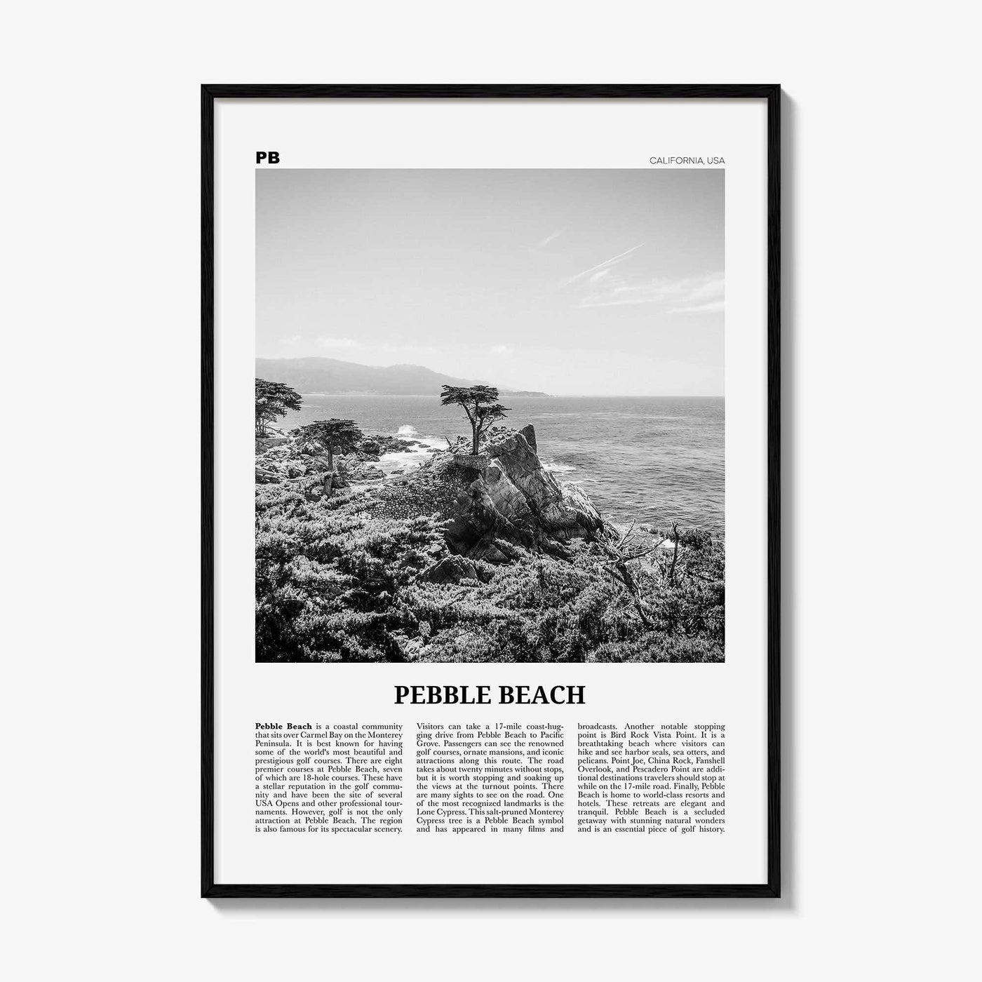 Pebble Beach Print Black and White, Pebble Beach Wall Art, Pebble Beach Poster, Pebble Beach Photo, Pebble Beach Map, California, USA