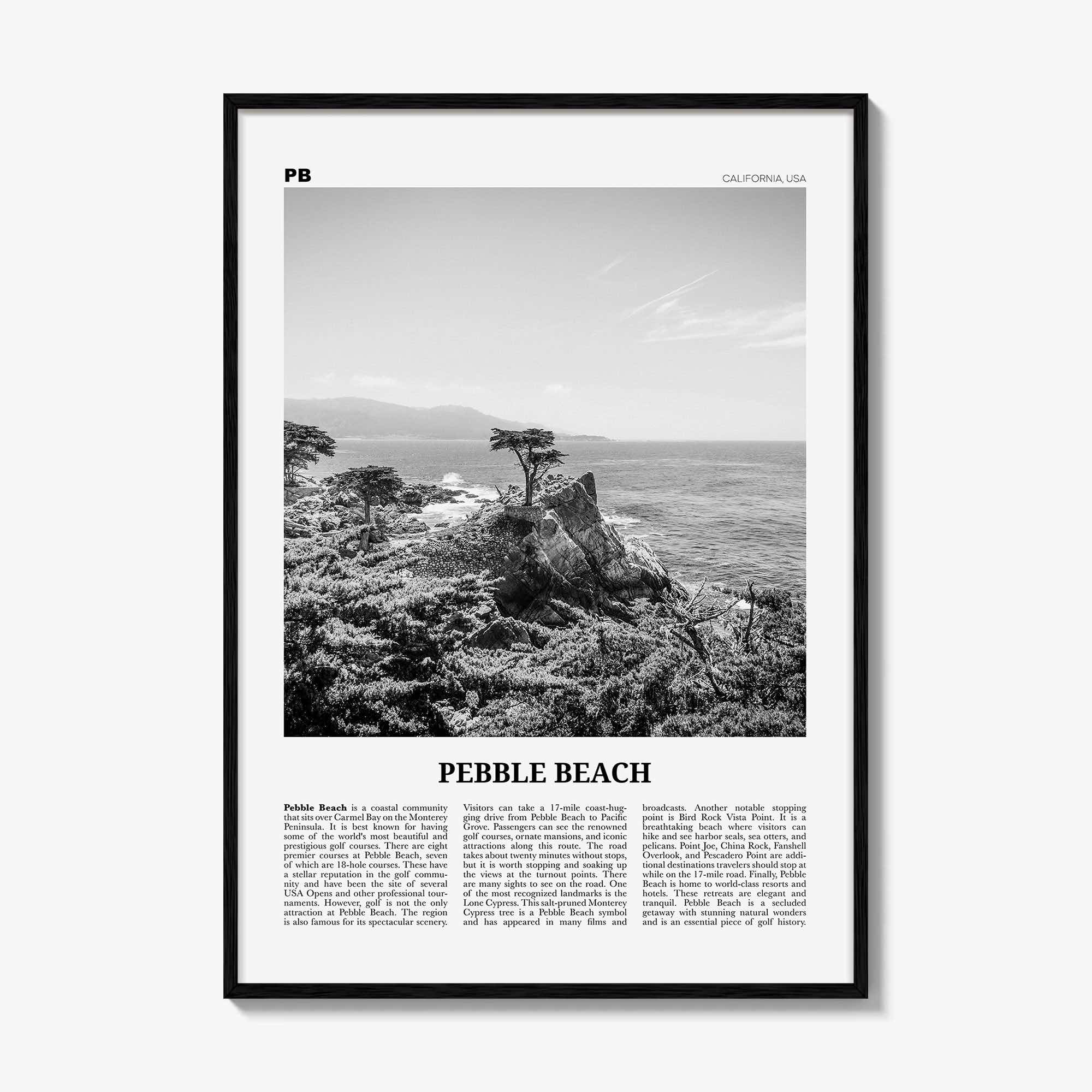 Pebble Beach Print Black and White, Pebble Beach Wall Art, Pebble Beach Poster, Pebble Beach Photo, Pebble Beach Map, California, USA
