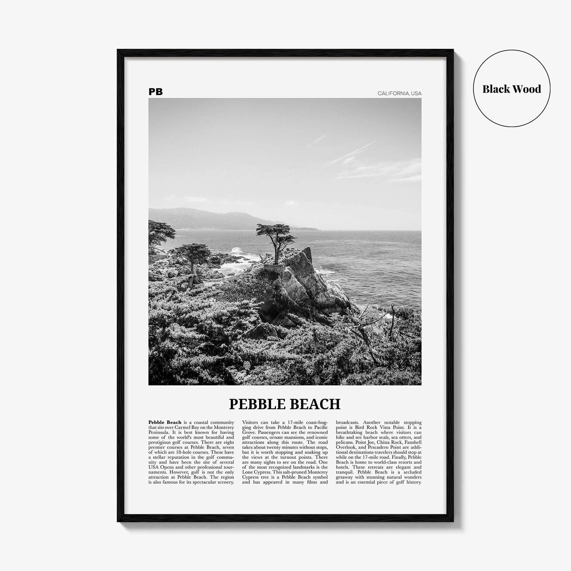 Pebble Beach Print Black and White, Pebble Beach Wall Art, Pebble Beach Poster, Pebble Beach Photo, Pebble Beach Map, California, USA
