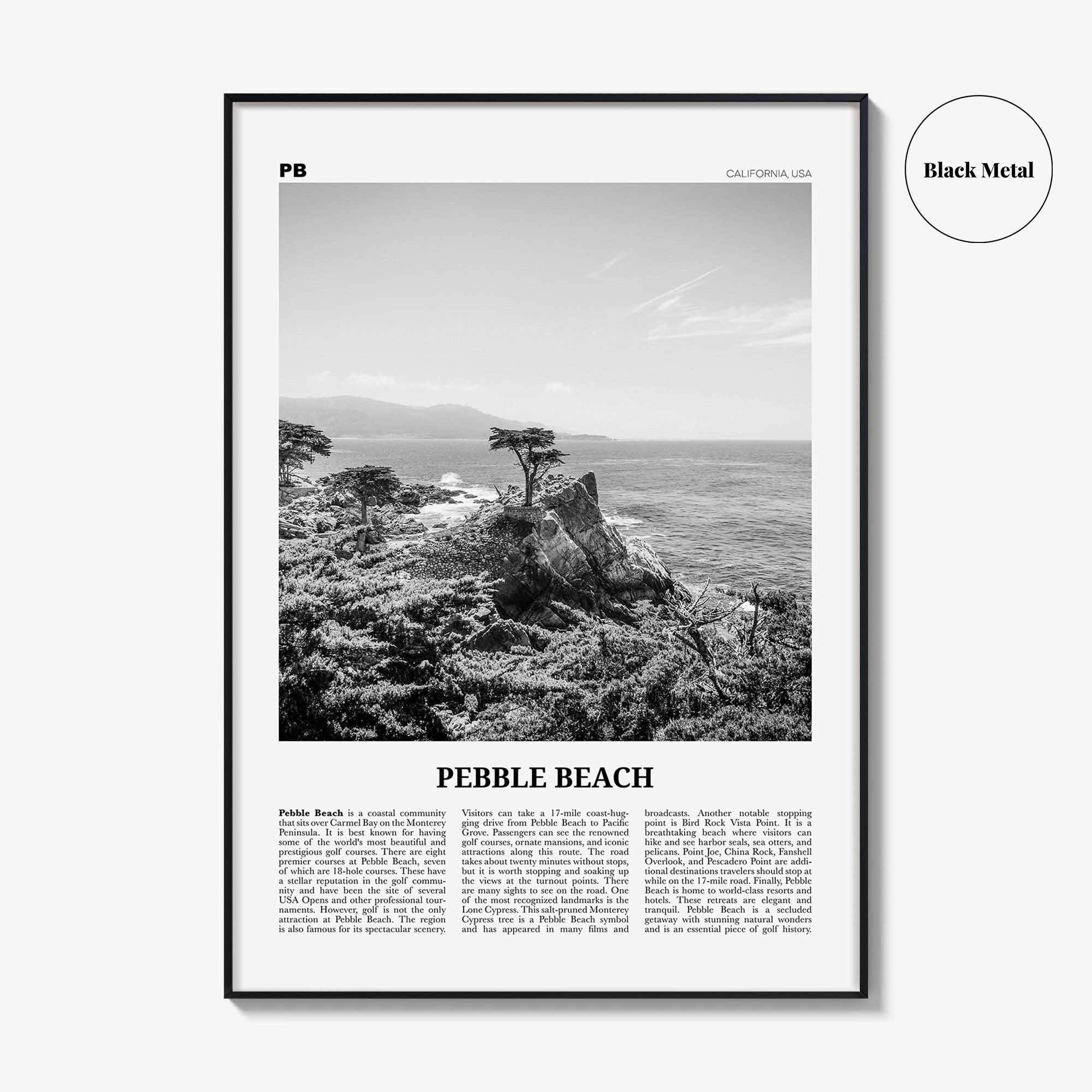 Pebble Beach Print Black and White, Pebble Beach Wall Art, Pebble Beach Poster, Pebble Beach Photo, Pebble Beach Map, California, USA