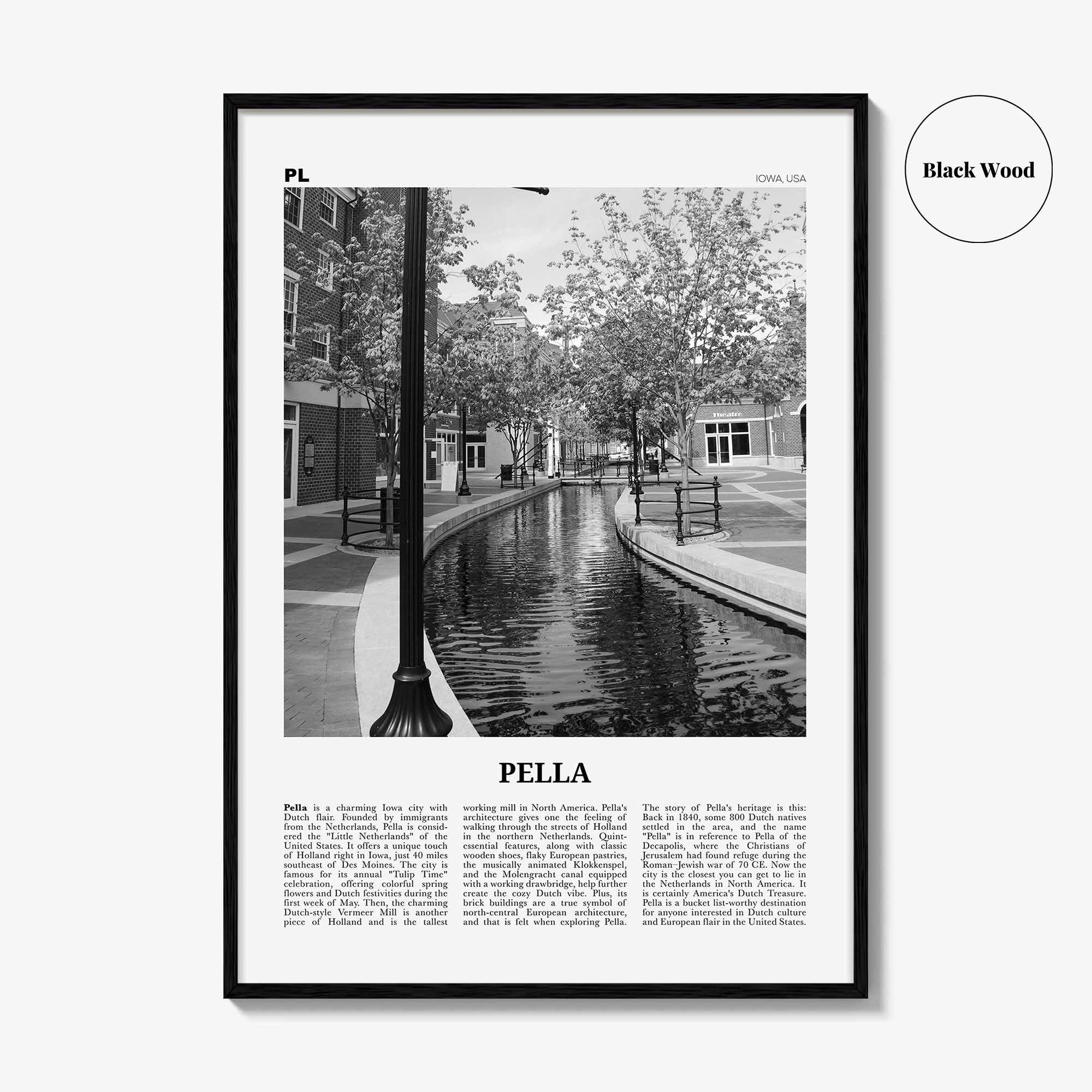 Pella Print Black and White Iowa, Pella Wall Art, Pella Poster, Pella Photo, Pella Wall Décor, Pella Map, Iowa, USA