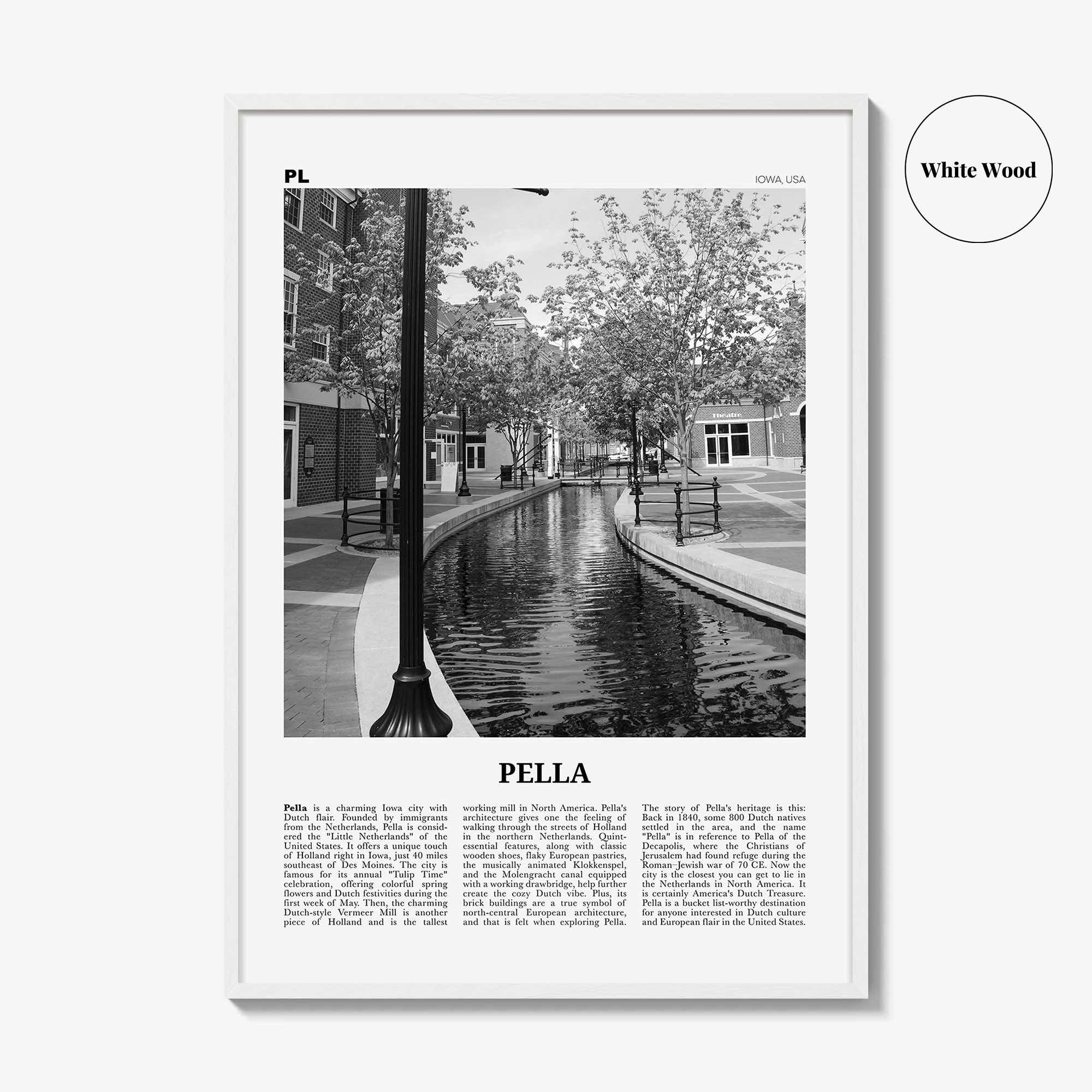 Pella Print Black and White Iowa, Pella Wall Art, Pella Poster, Pella Photo, Pella Wall Décor, Pella Map, Iowa, USA