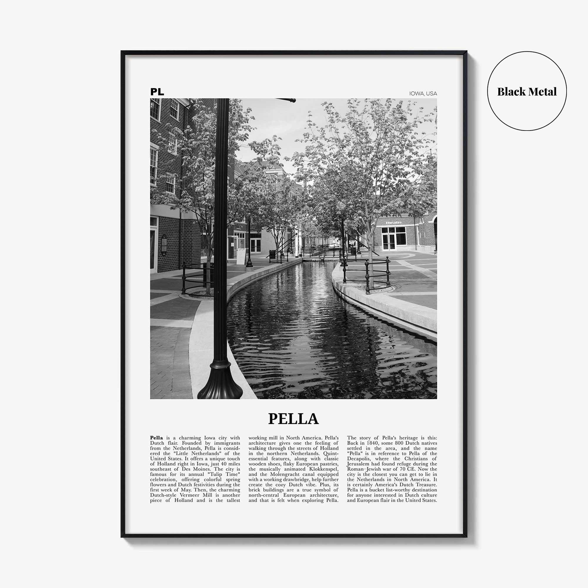 Pella Print Black and White Iowa, Pella Wall Art, Pella Poster, Pella Photo, Pella Wall Décor, Pella Map, Iowa, USA