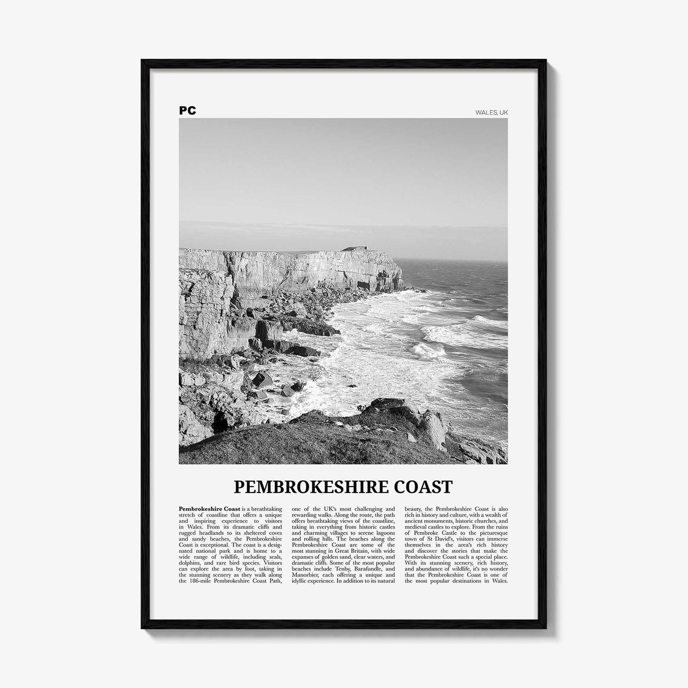 Pembrokeshire Coast Print Black and White, Pembrokeshire Coast Art, Pembrokeshire Coast Poster, Pembrokeshire Coast Photo, Wall Décor, Map