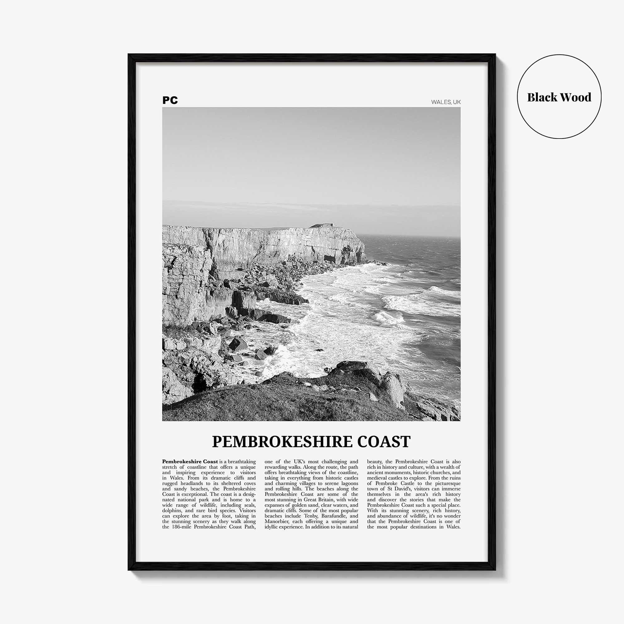 Pembrokeshire Coast Print Black and White, Pembrokeshire Coast Art, Pembrokeshire Coast Poster, Pembrokeshire Coast Photo, Wall Décor, Map