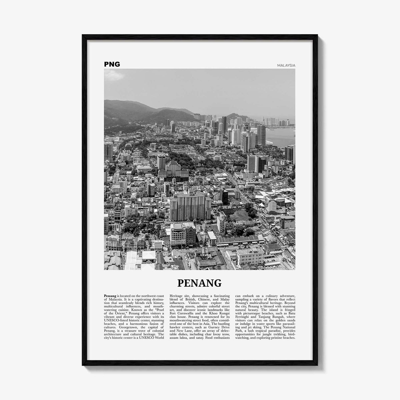 Penang Print Black and White, Penang Wall Art, Penang Poster, Penang Photo, Penang Wall Décor, Penang Map Poster