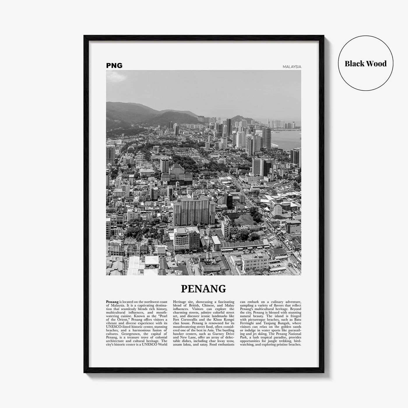 Penang Print Black and White, Penang Wall Art, Penang Poster, Penang Photo, Penang Wall Décor, Penang Map Poster