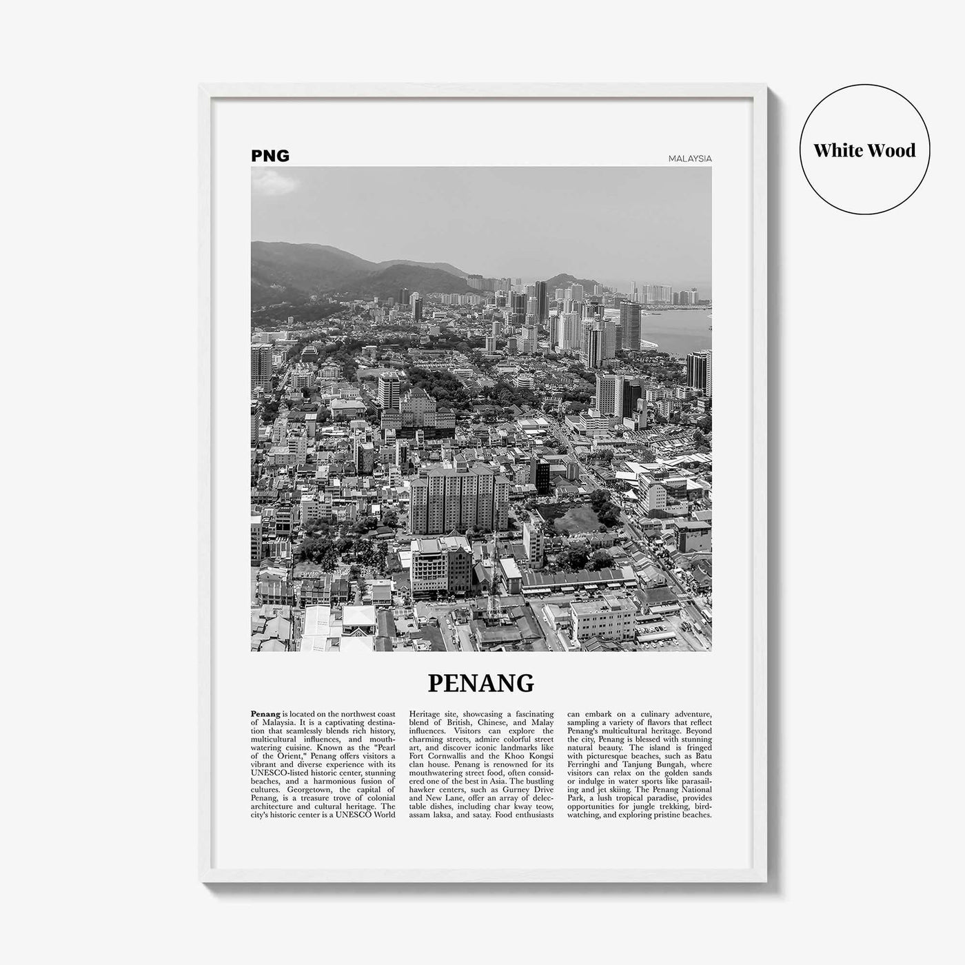 Penang Print Black and White, Penang Wall Art, Penang Poster, Penang Photo, Penang Wall Décor, Penang Map Poster