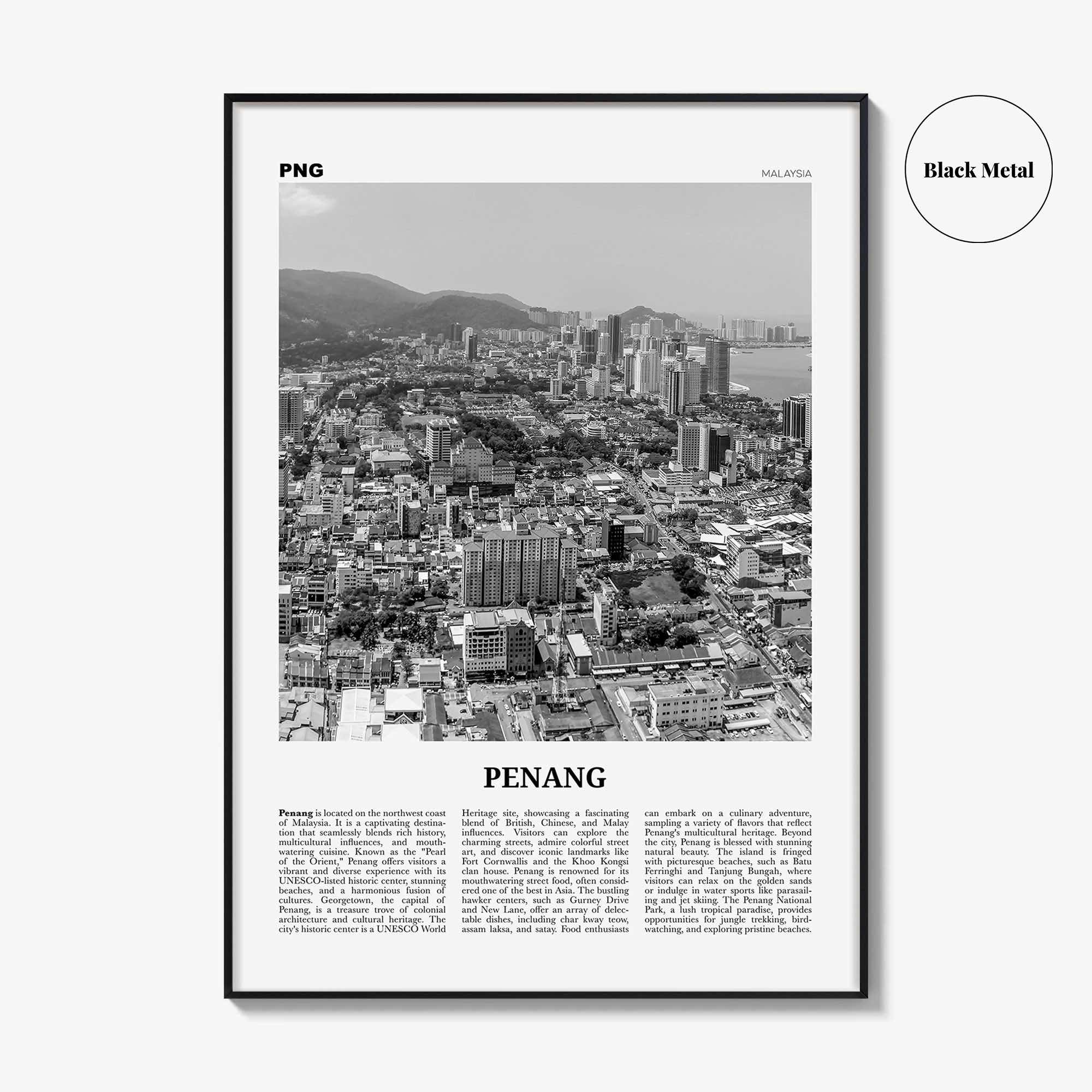 Penang Print Black and White, Penang Wall Art, Penang Poster, Penang Photo, Penang Wall Décor, Penang Map Poster