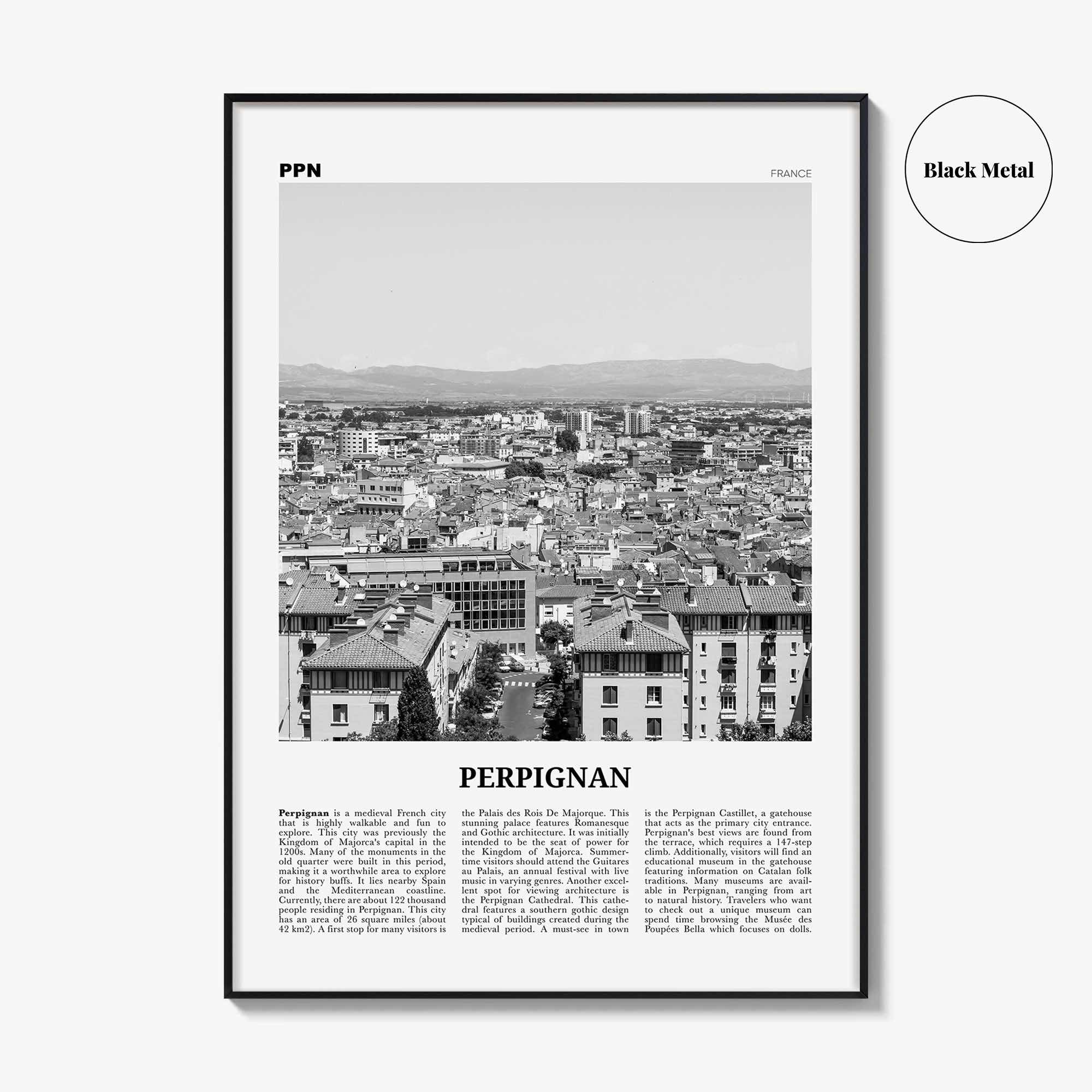 Perpignan Print Black and White, Perpignan Wall Art, Perpignan Poster, Perpignan Photo, Perpignan Wall Décor, Perpignan Map, France