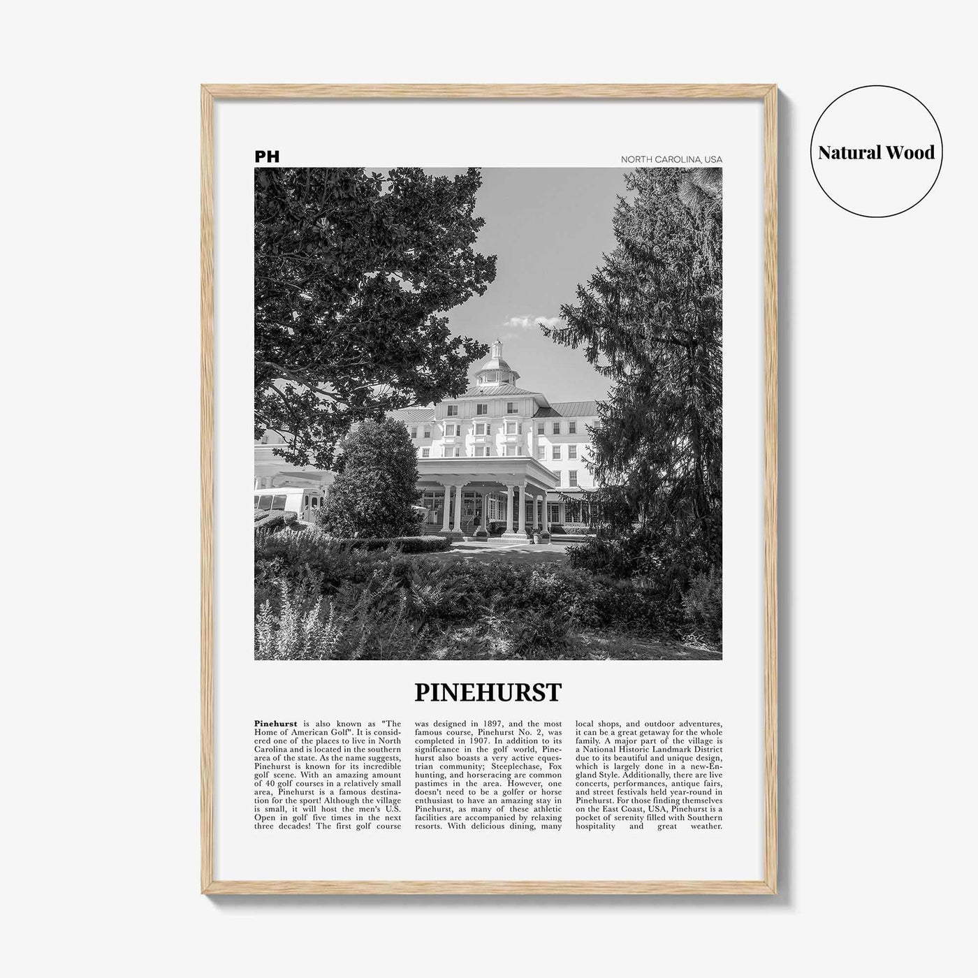 Pinehurst Print Black and White, Pinehurst Wall Art, Pinehurst Poster, Pinehurst Photo, Pinehurst Décor, Pinehurst Map, North Carolina, USA