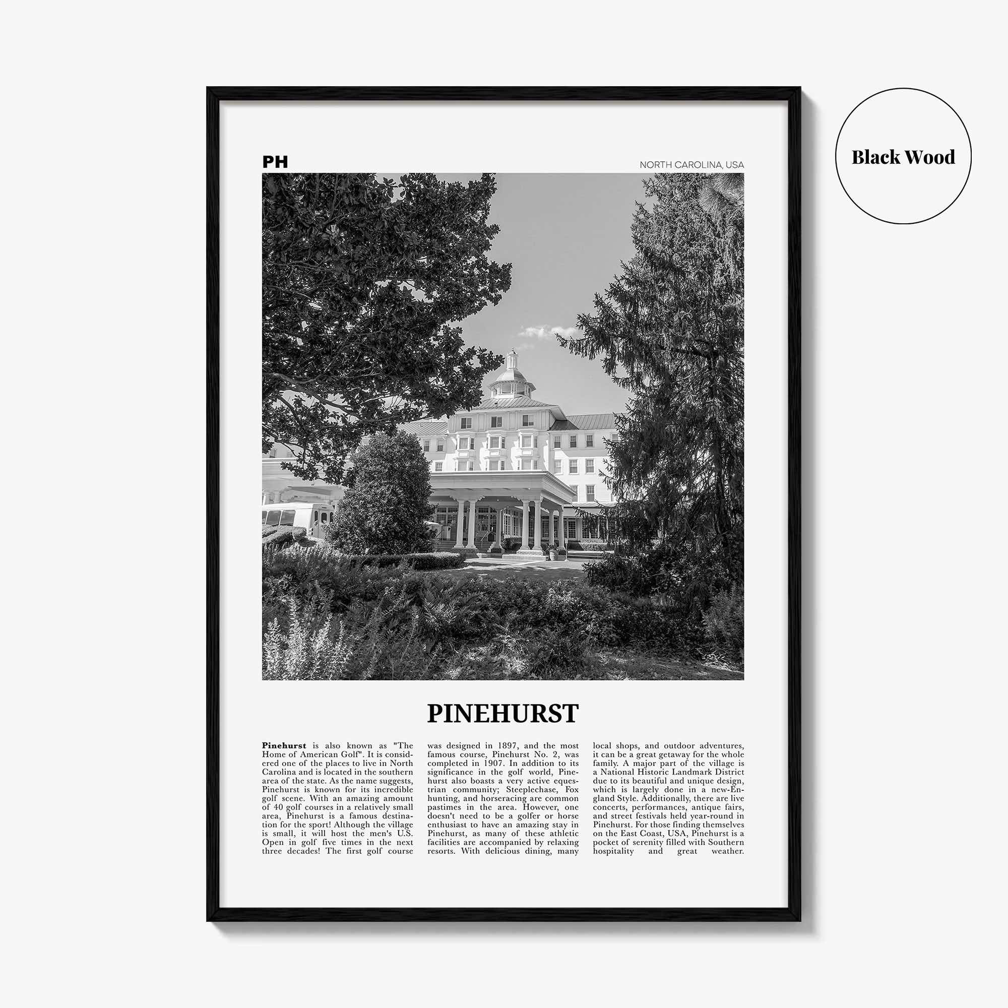 Pinehurst Print Black and White, Pinehurst Wall Art, Pinehurst Poster, Pinehurst Photo, Pinehurst Décor, Pinehurst Map, North Carolina, USA