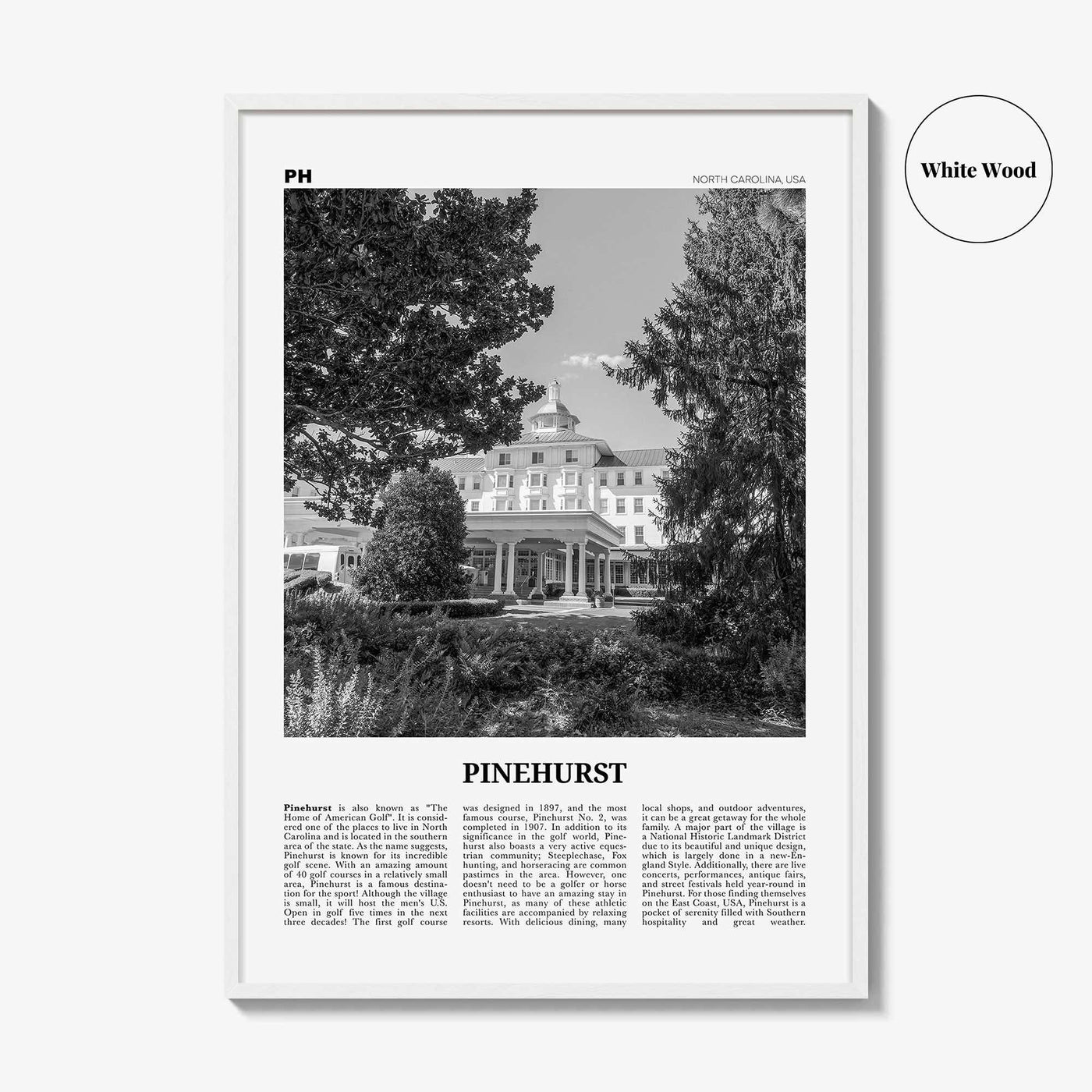 Pinehurst Print Black and White, Pinehurst Wall Art, Pinehurst Poster, Pinehurst Photo, Pinehurst Décor, Pinehurst Map, North Carolina, USA
