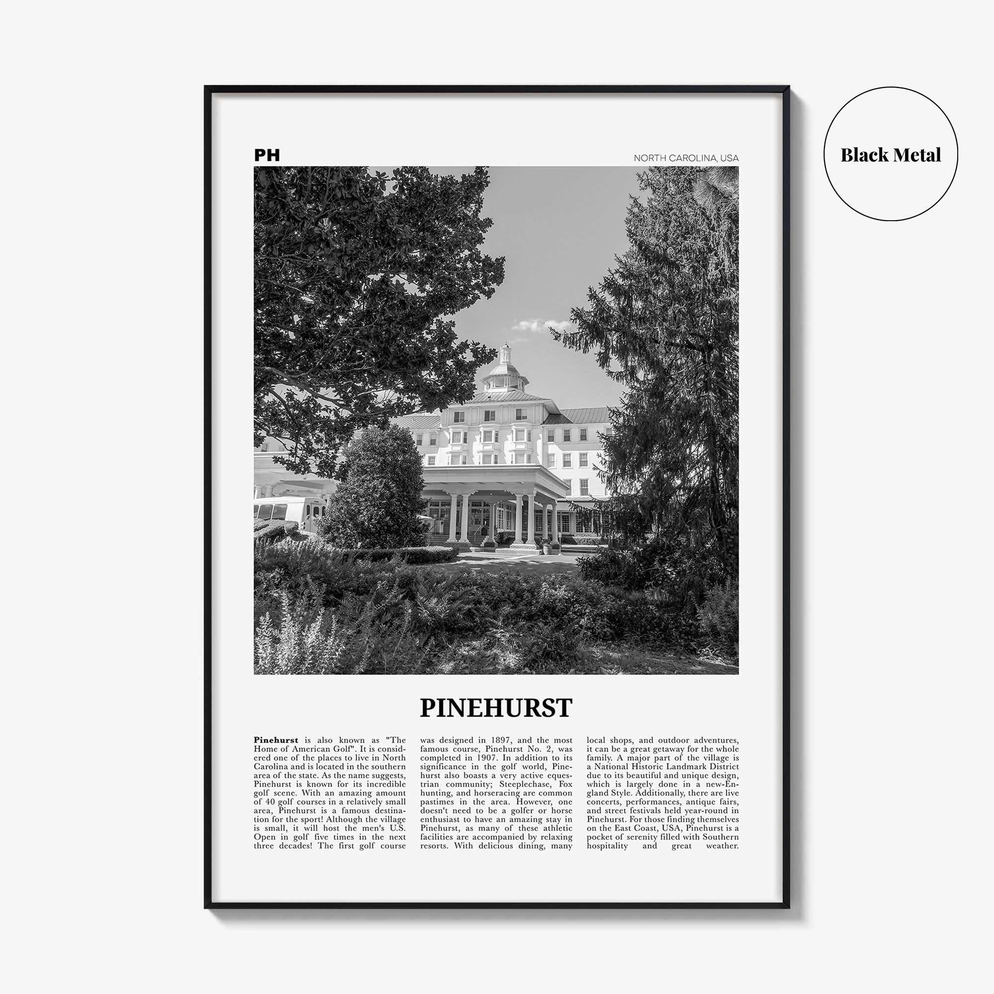 Pinehurst Print Black and White, Pinehurst Wall Art, Pinehurst Poster, Pinehurst Photo, Pinehurst Décor, Pinehurst Map, North Carolina, USA