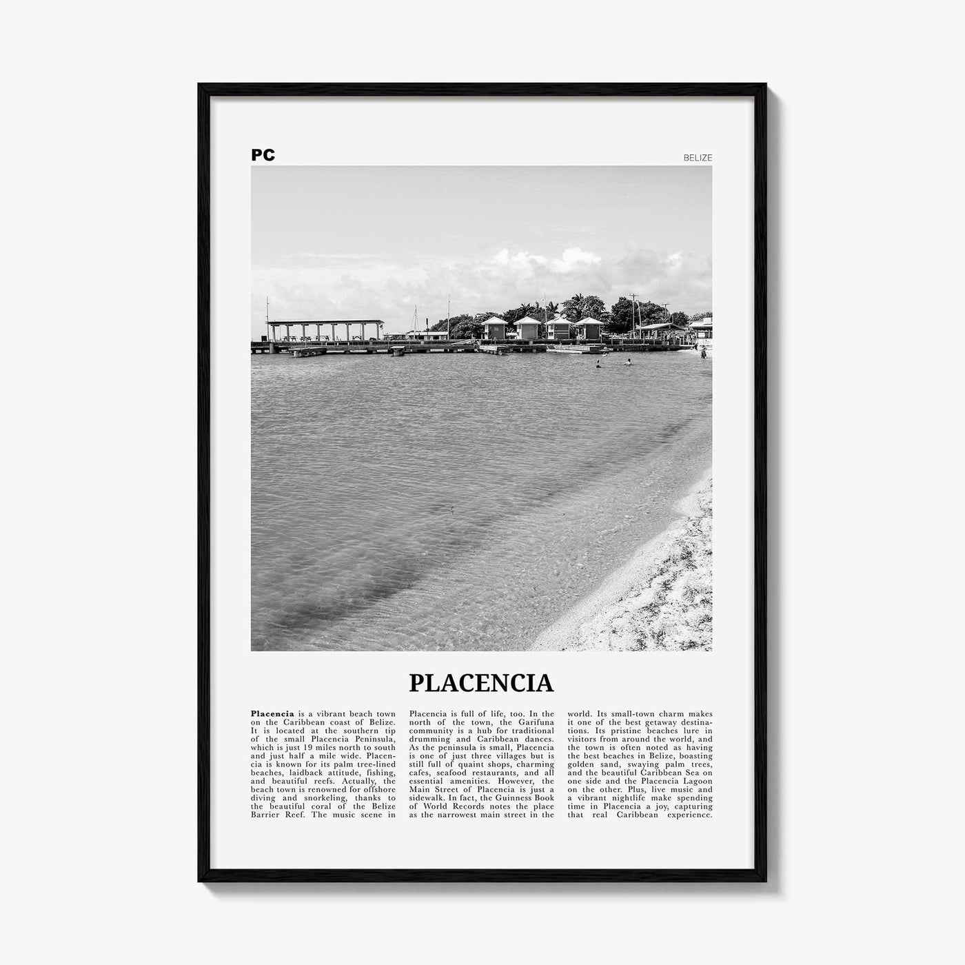 Placencia Print Black and White, Placencia Wall Art, Placencia Poster, Placencia Photo, Placencia Wall Décor, Placencia Map, Belize