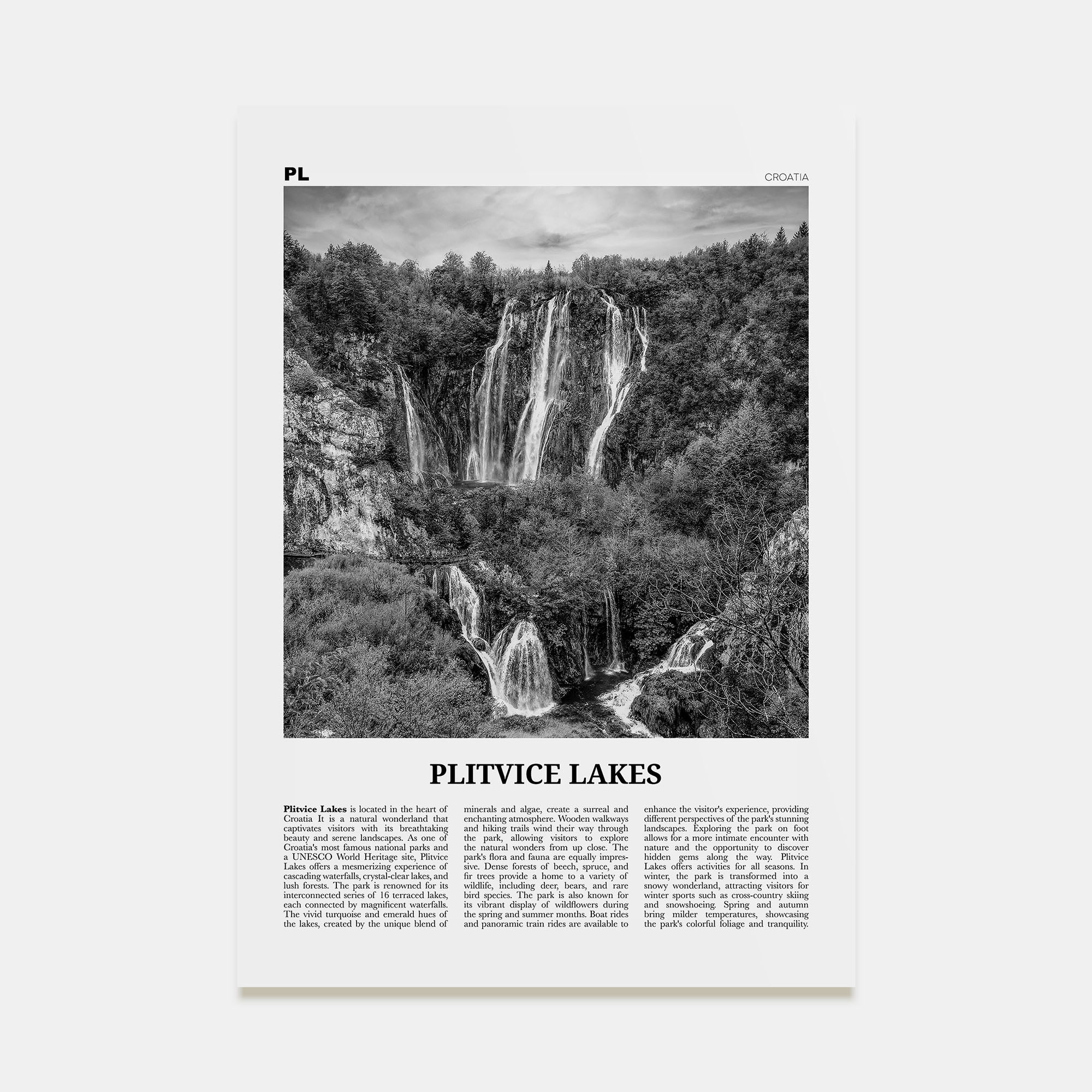 Plitvice Lakes Travel B&W Poster