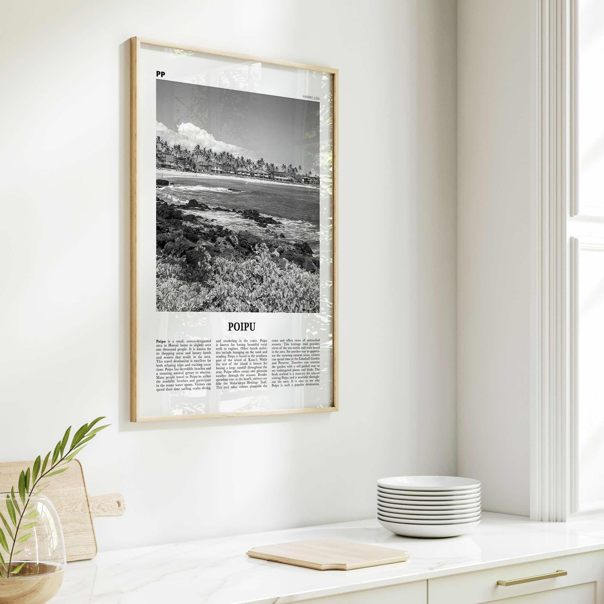 Poipu Print Black and White, Poipu Wall Art, Poipu Poster, Poipu Photo, Poipu Wall Décor, Poipu Map, Hawaii, USA