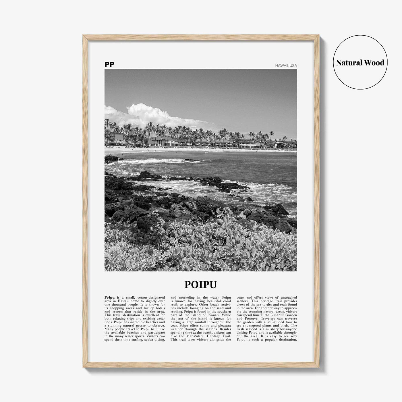 Poipu Print Black and White, Poipu Wall Art, Poipu Poster, Poipu Photo, Poipu Wall Décor, Poipu Map, Hawaii, USA