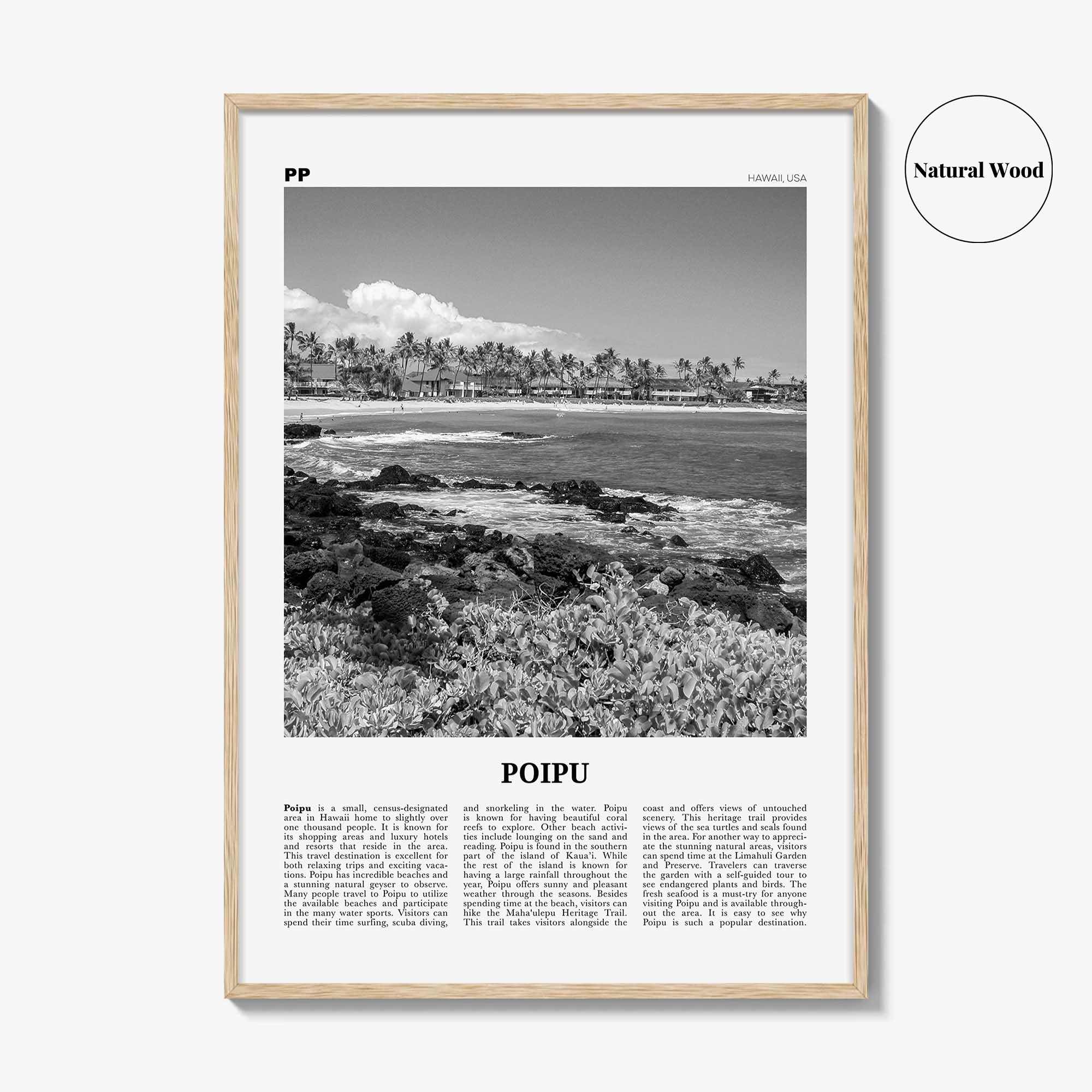 Poipu Print Black and White, Poipu Wall Art, Poipu Poster, Poipu Photo, Poipu Wall Décor, Poipu Map, Hawaii, USA