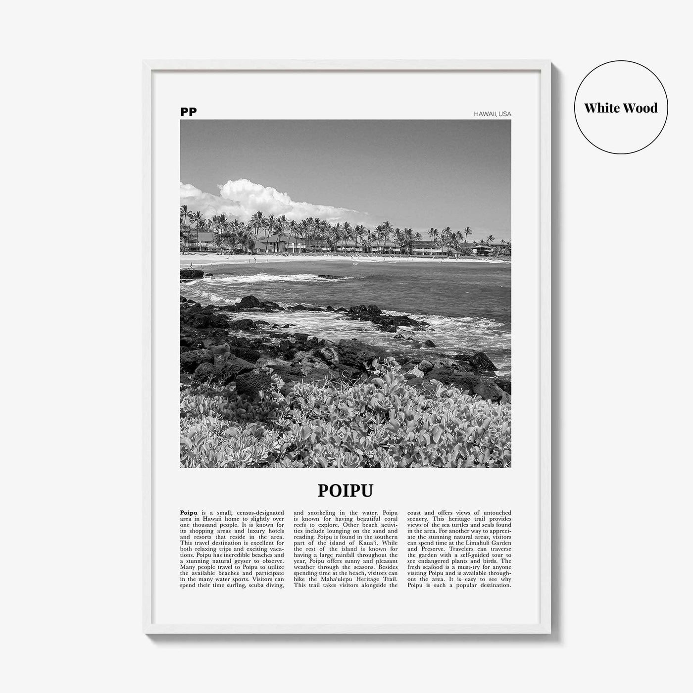Poipu Print Black and White, Poipu Wall Art, Poipu Poster, Poipu Photo, Poipu Wall Décor, Poipu Map, Hawaii, USA