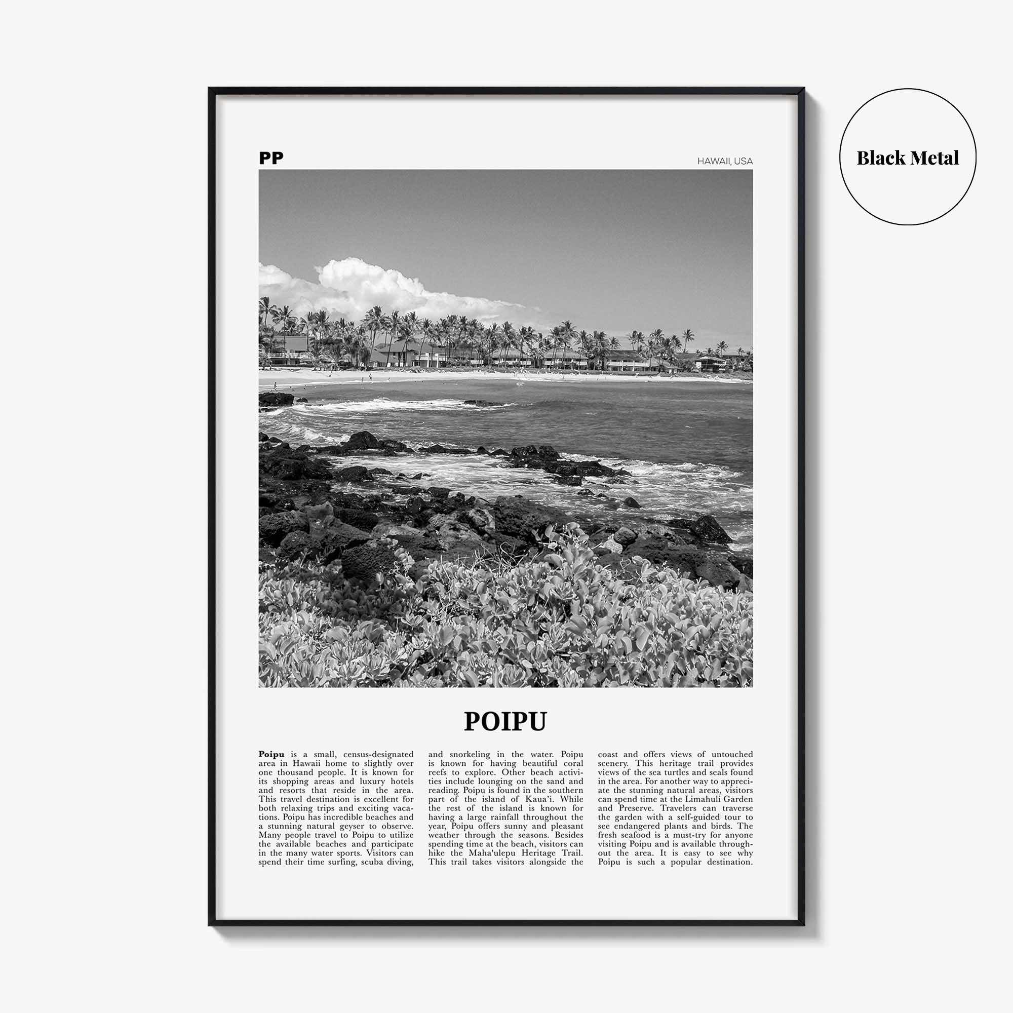Poipu Print Black and White, Poipu Wall Art, Poipu Poster, Poipu Photo, Poipu Wall Décor, Poipu Map, Hawaii, USA