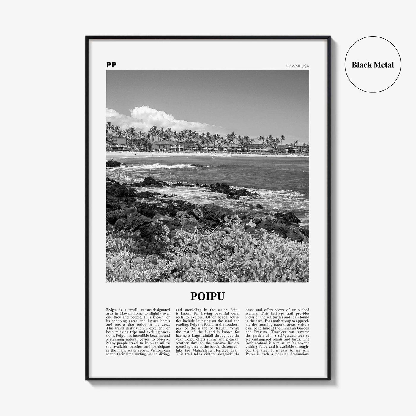 Poipu Print Black and White, Poipu Wall Art, Poipu Poster, Poipu Photo, Poipu Wall Décor, Poipu Map, Hawaii, USA