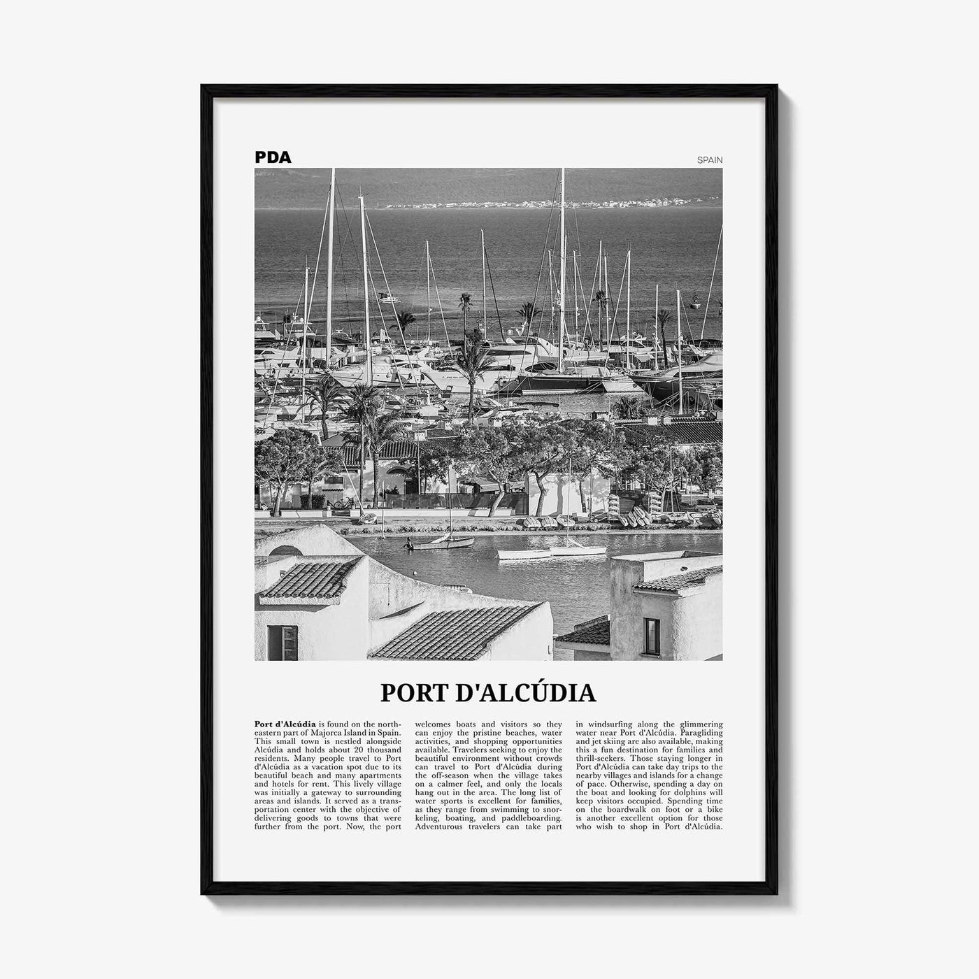 Port d'Alcúdia Print Black and White, Port d'Alcúdia Wall Art, Puerto de Alcudia Poster, Port d'Alcúdia Photo, Port d'Alcúdia Map, Spain