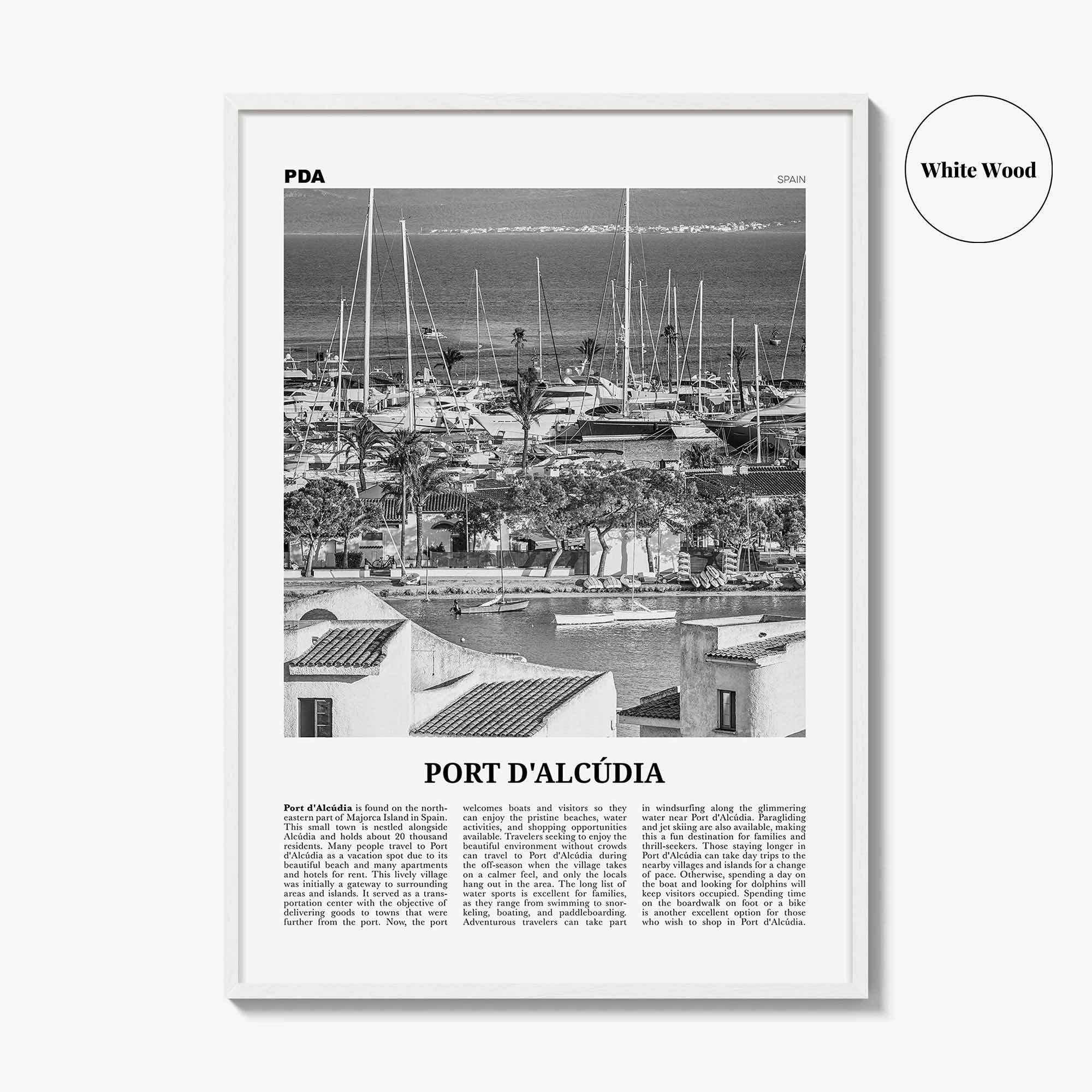 Port d'Alcúdia Print Black and White, Port d'Alcúdia Wall Art, Puerto de Alcudia Poster, Port d'Alcúdia Photo, Port d'Alcúdia Map, Spain