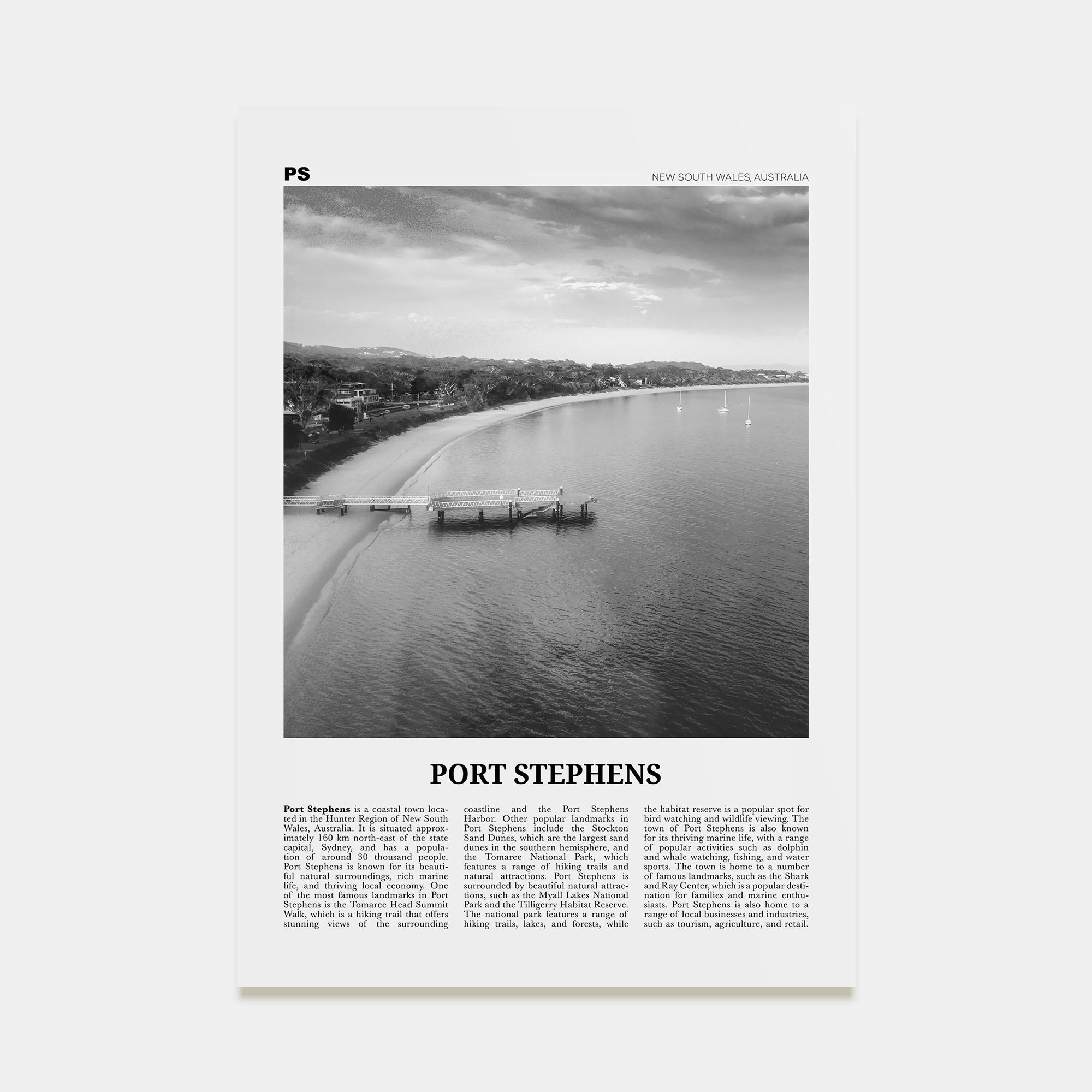 Port Stephens Travel B&W Poster